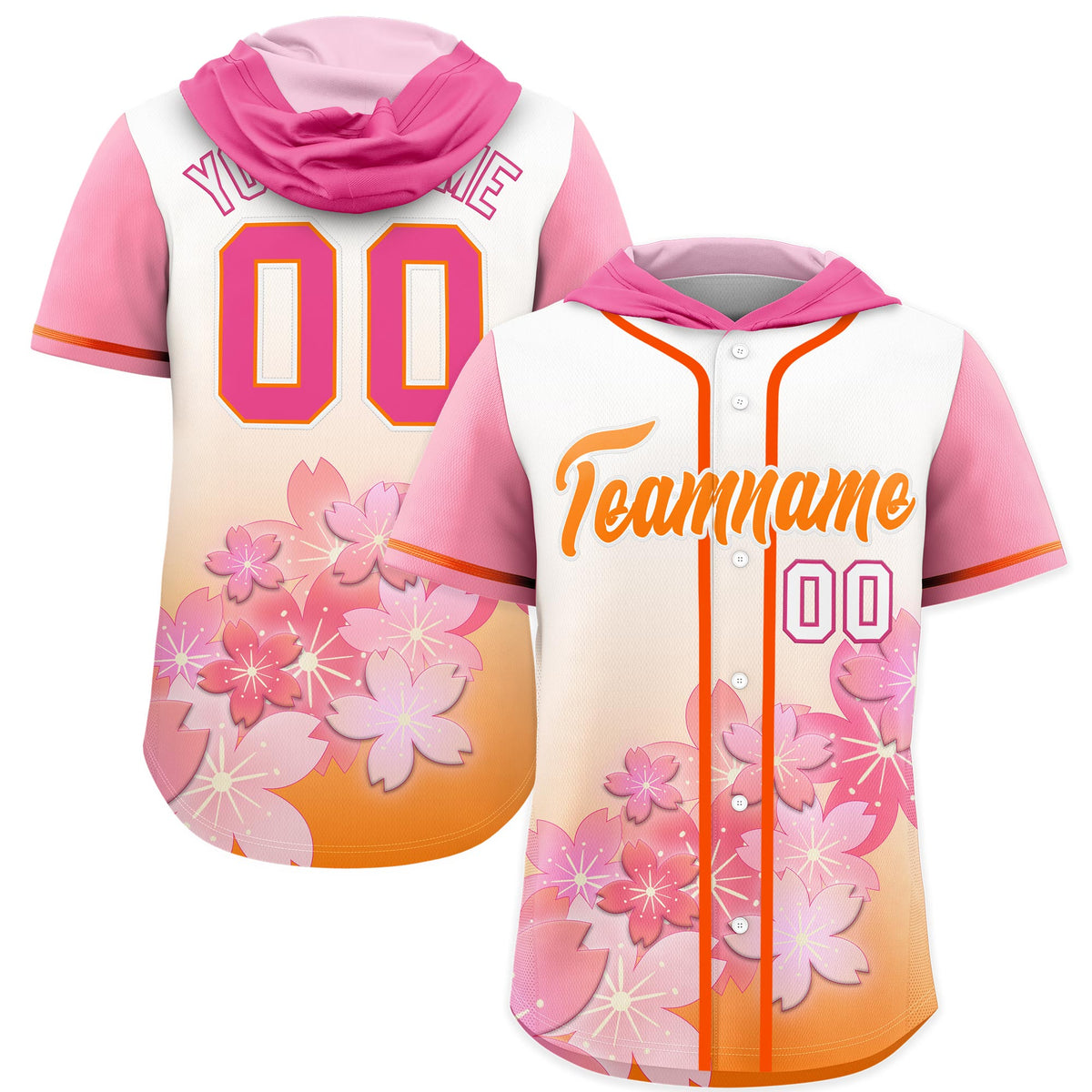 Custom Hooded Baseball Jersey | Pink Orange Cherry Blossom Moisture-Wicking Jersey for Men &amp; Women