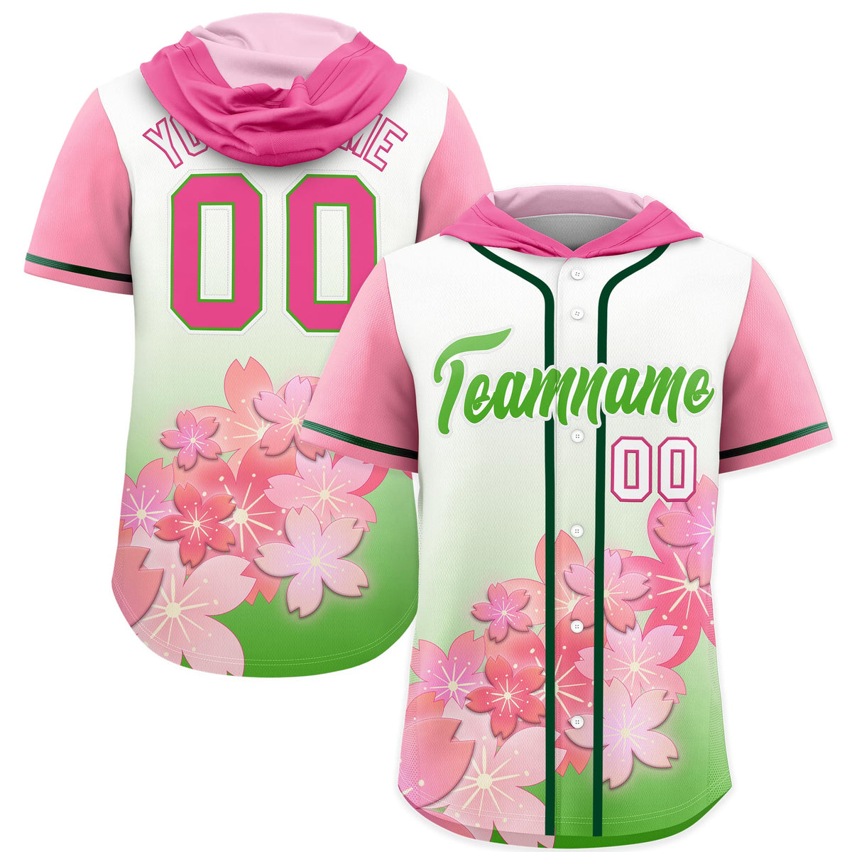 Custom Hooded Baseball Jersey | Pink Light Green Cherry Blossom Breathable Athleisure Streetwear