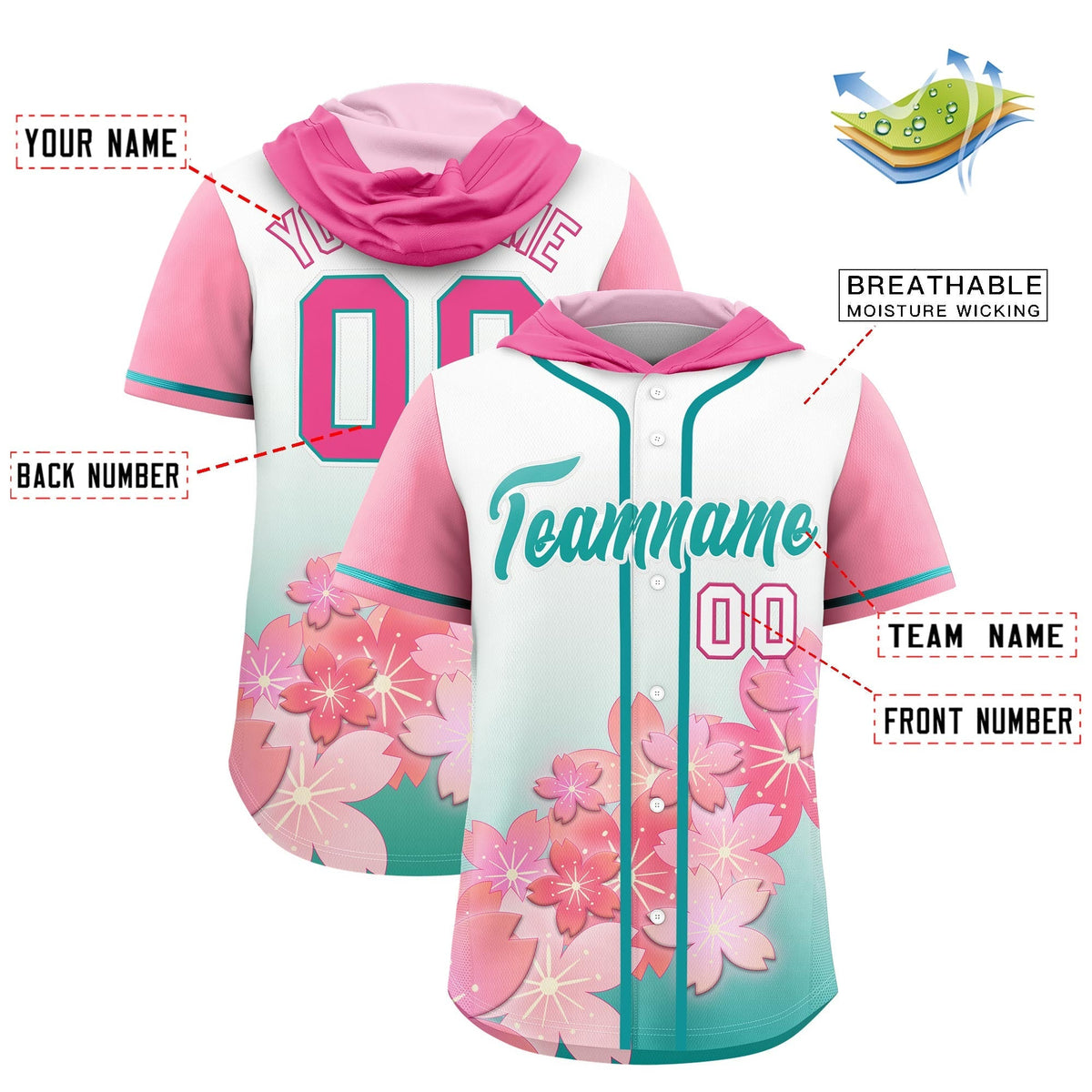 Custom Hooded Baseball Jersey | Pink Aqua Cherry Blossom Moisture-Wicking Jersey for Men &amp; Women