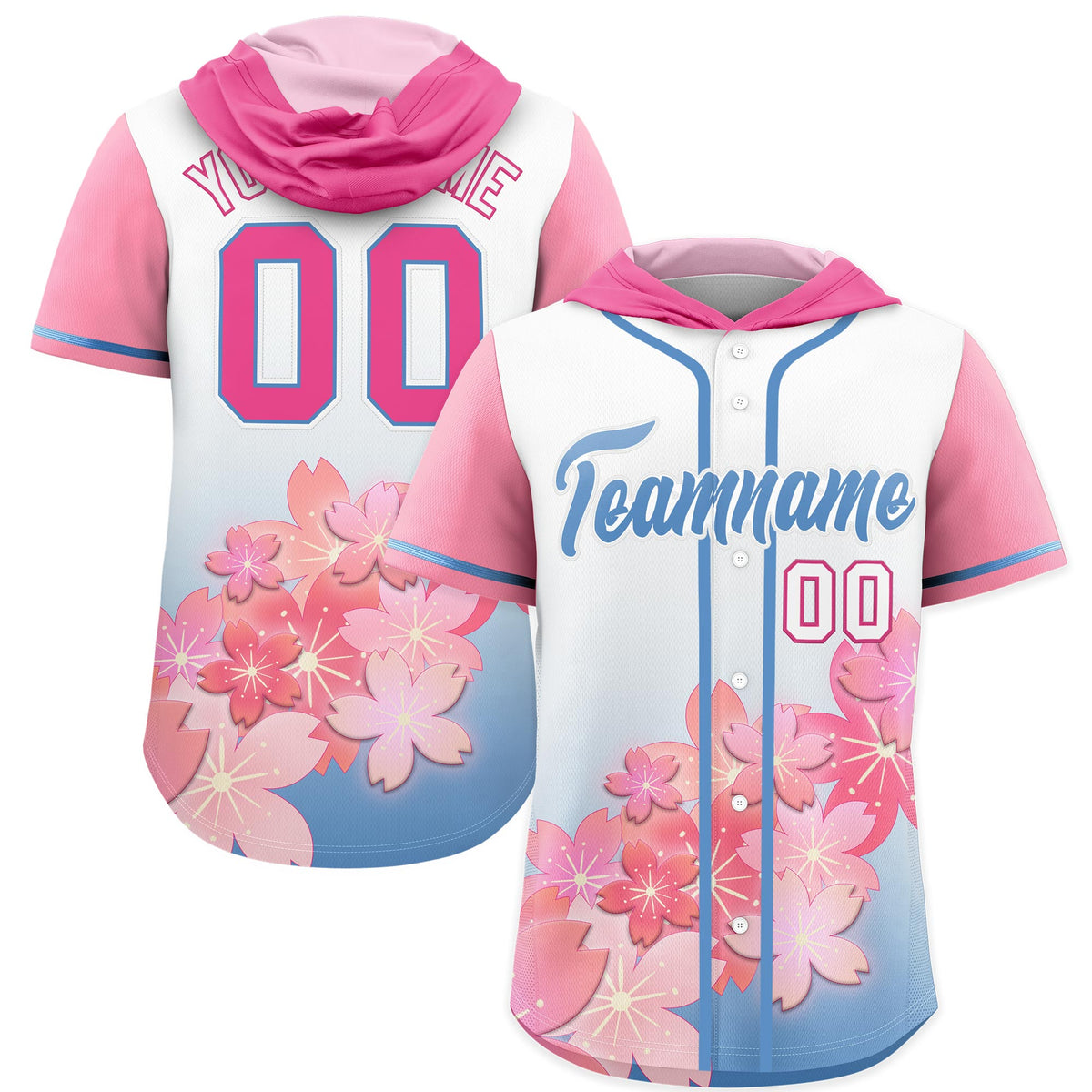 Custom Hooded Baseball Jersey | Pink Light Blue Cherry Blossom Personalized Name &amp; Number Sport Jersey