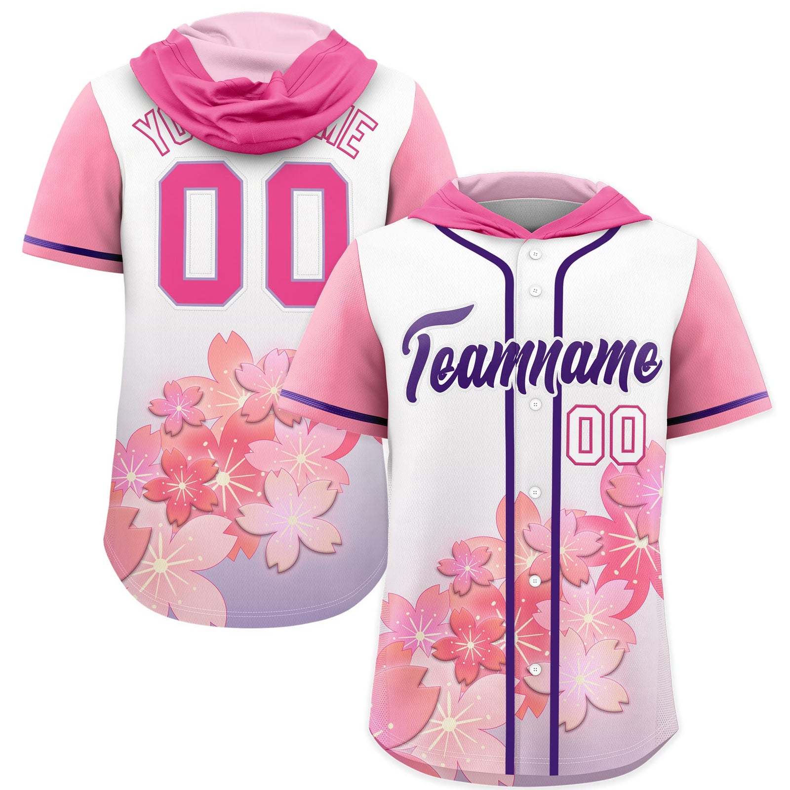 Custom Hooded Baseball Jersey | Pink Purple Cherry Blossom Breathable Athleisure Streetwear