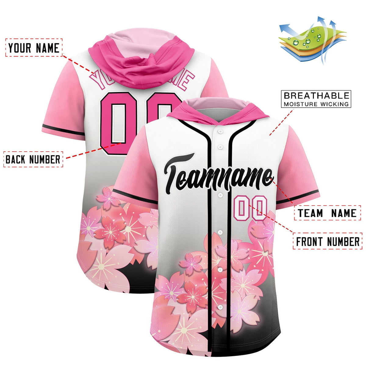 Custom Hooded Baseball Jersey | Pink Black Cherry Blossom Moisture-Wicking Jersey for Men &amp; Women