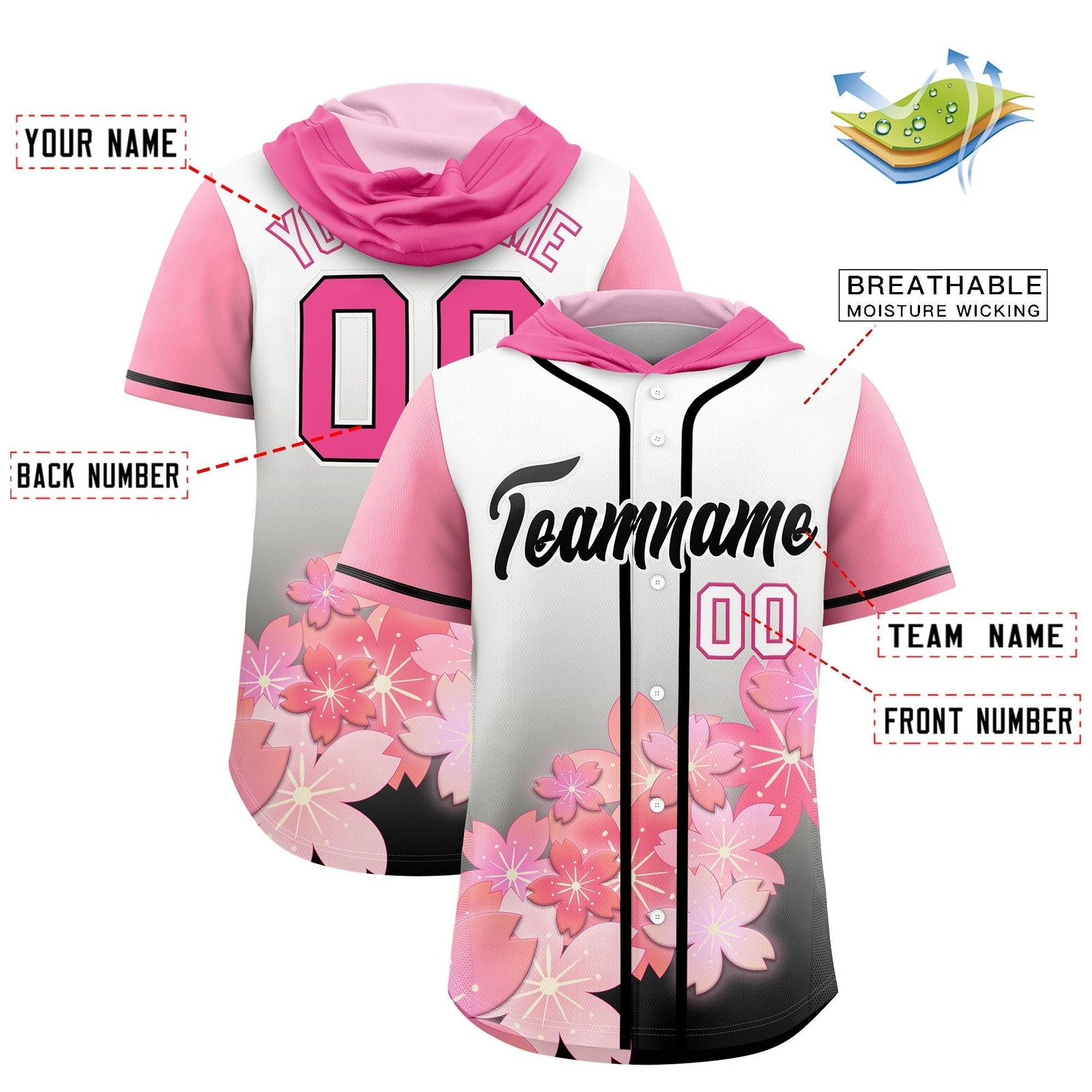 Custom Hooded Baseball Jersey | Pink Black Cherry Blossom Moisture-Wicking Jersey for Men & Women