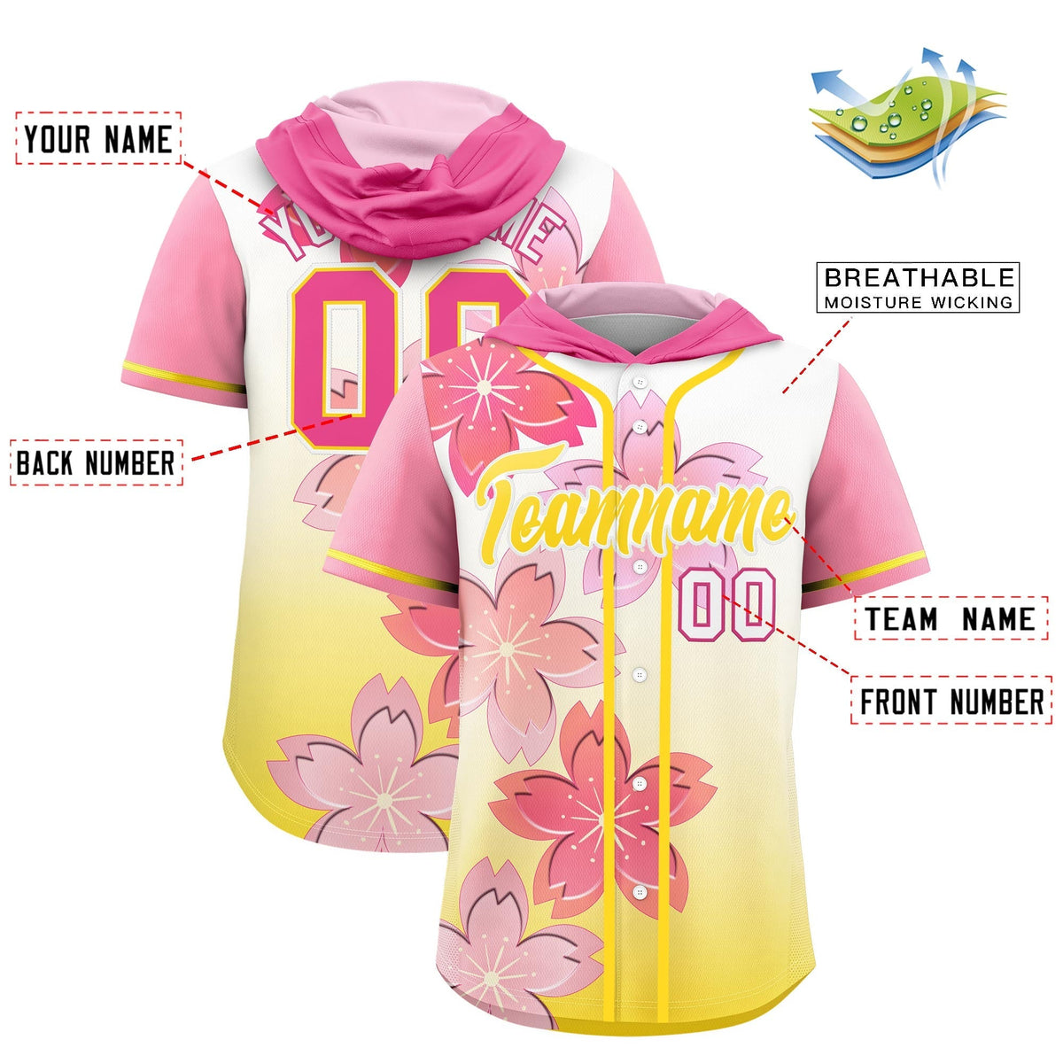 Custom Hooded Baseball Jersey | Pink Gold Cherry Blossom Personalized Name &amp; Number Sport Jersey