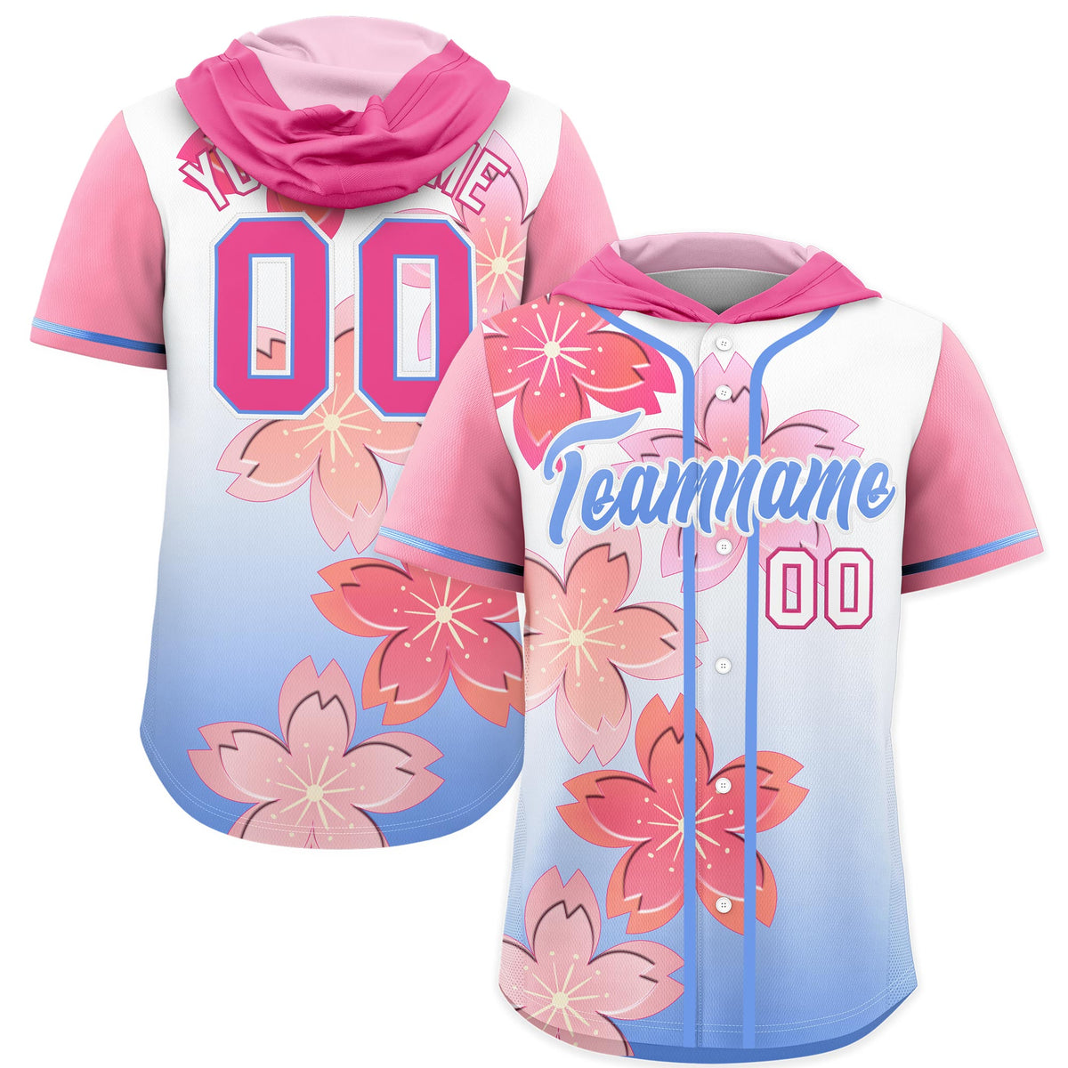 Custom Hooded Baseball Jersey | Pink Light Blue Cherry Blossom Personalized Name &amp; Number Sport Jersey