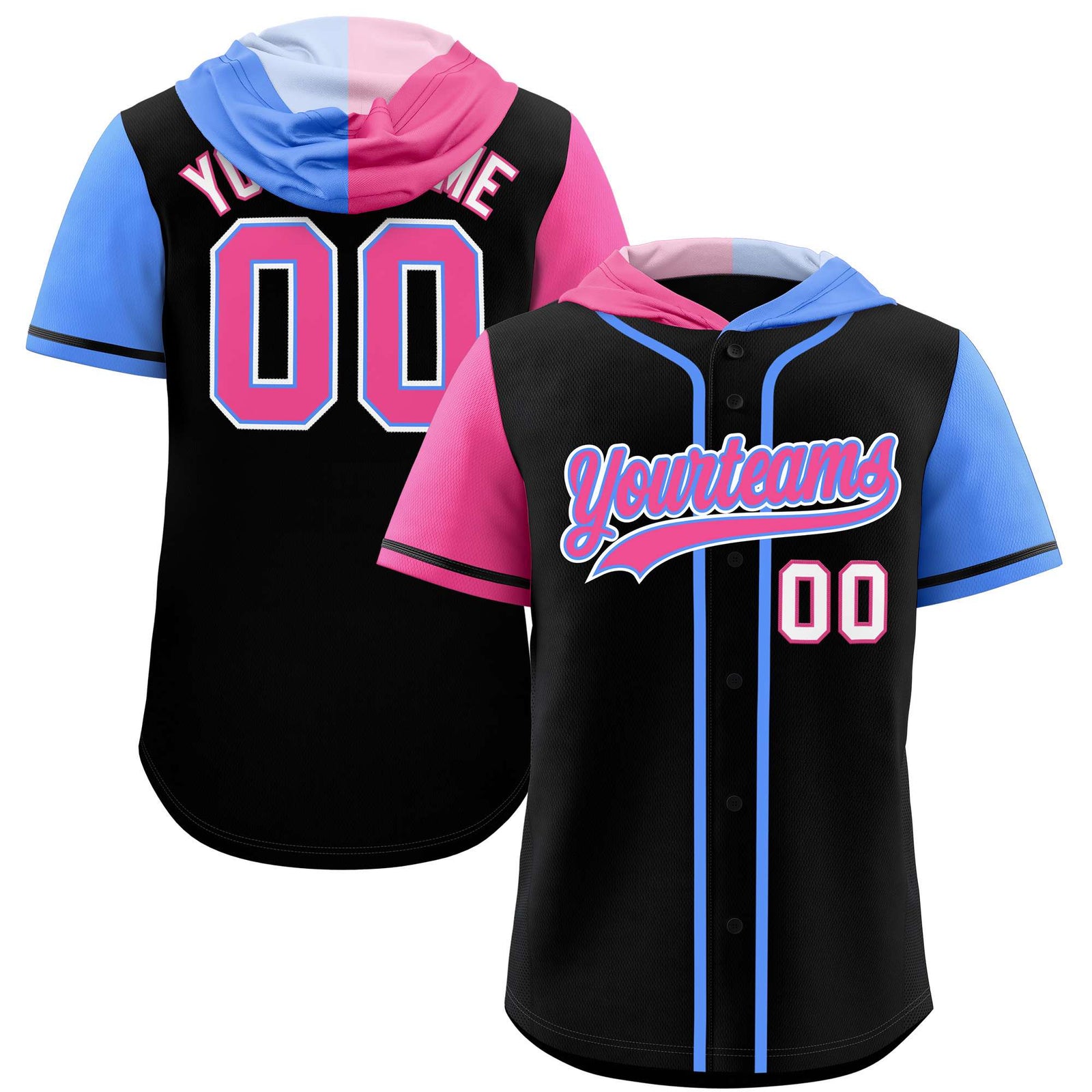 Custom Black Pink and Powder Blue Split Fashion Raglan Sleeves Authentic Baseball Hoodie Jersey