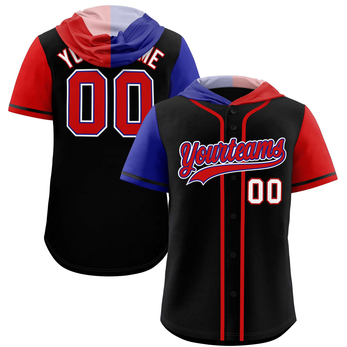 Custom Black Royal and Red Split Fashion Raglan Sleeves Authentic Baseball Hoodie Jersey