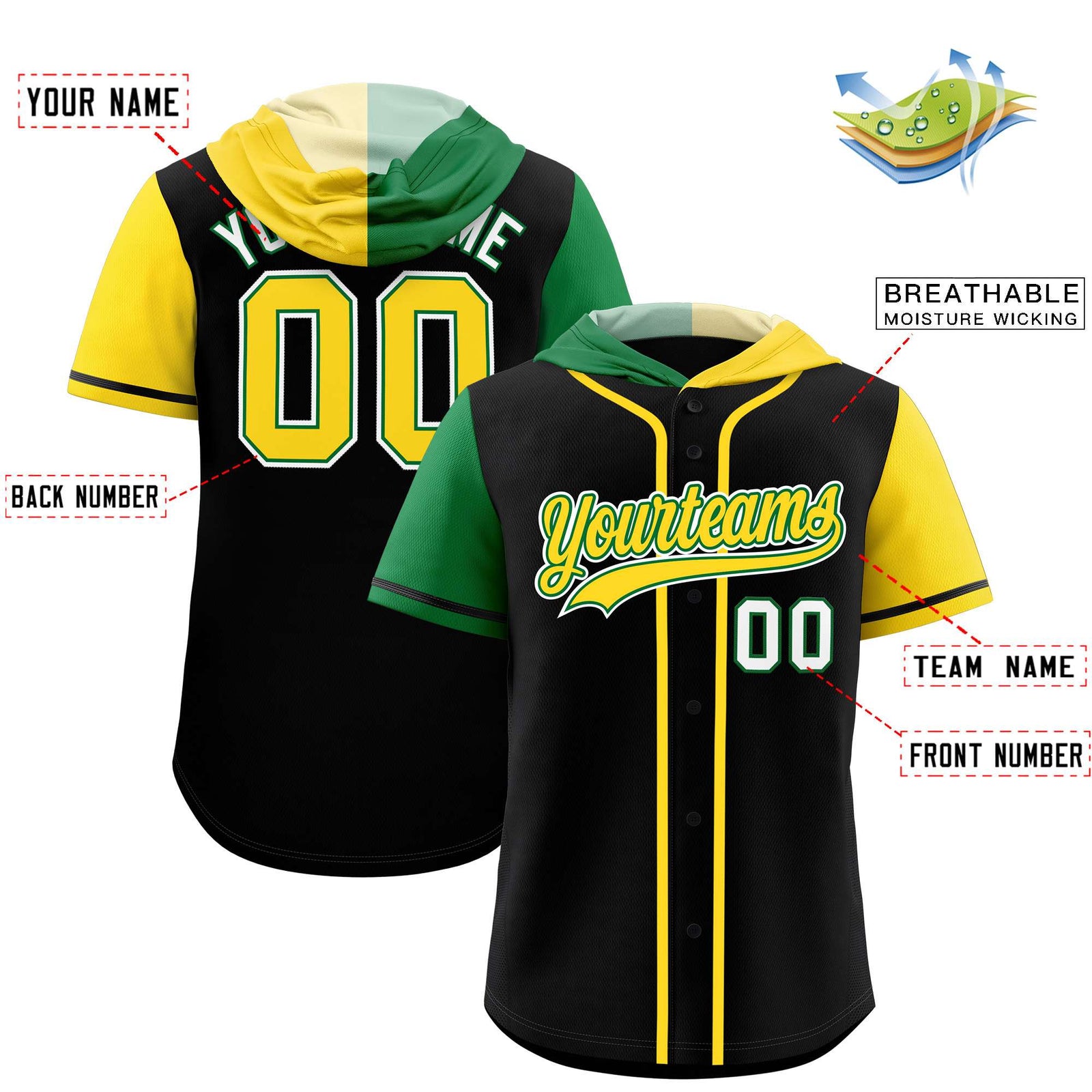 Custom Black Kelly Green and Gold Split Fashion Raglan Sleeves Authentic Baseball Hoodie Jersey