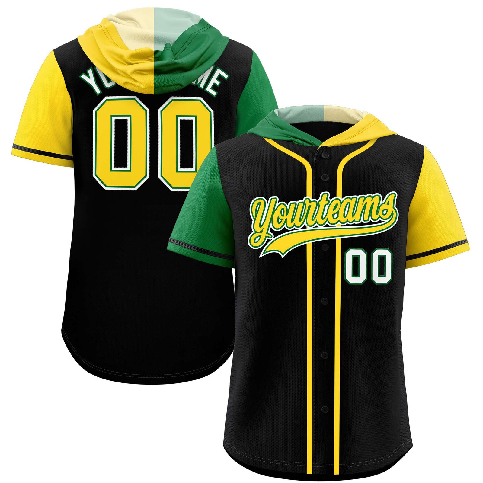 Custom Black Kelly Green and Gold Split Fashion Raglan Sleeves Authentic Baseball Hoodie Jersey
