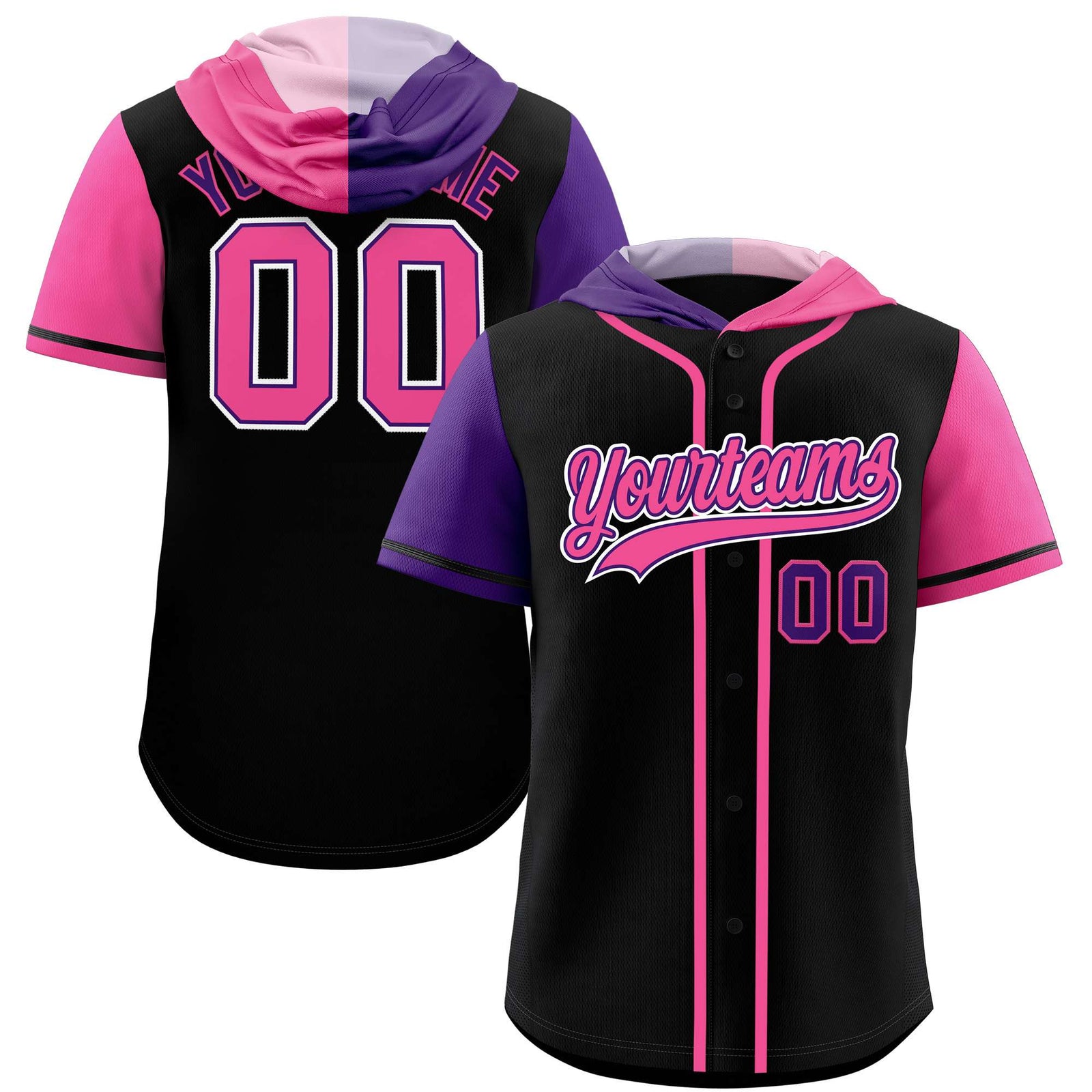 Custom Black Purple and Pink Split Fashion Raglan Sleeves Authentic Baseball Hoodie Jersey