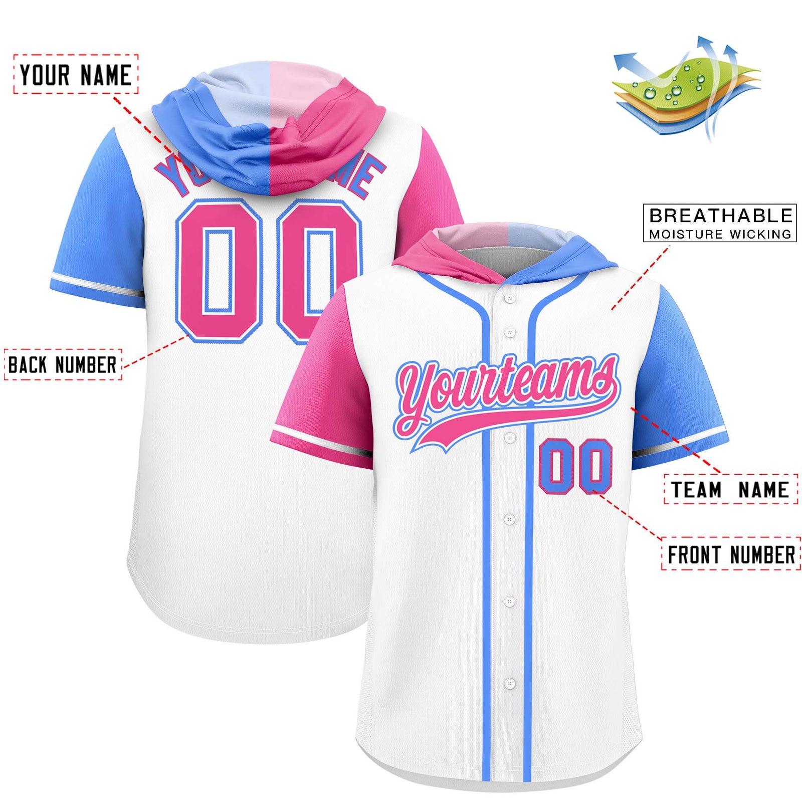 Custom White Pink and Powder Blue Split Fashion Raglan Sleeves Authentic Baseball Hoodie Jersey