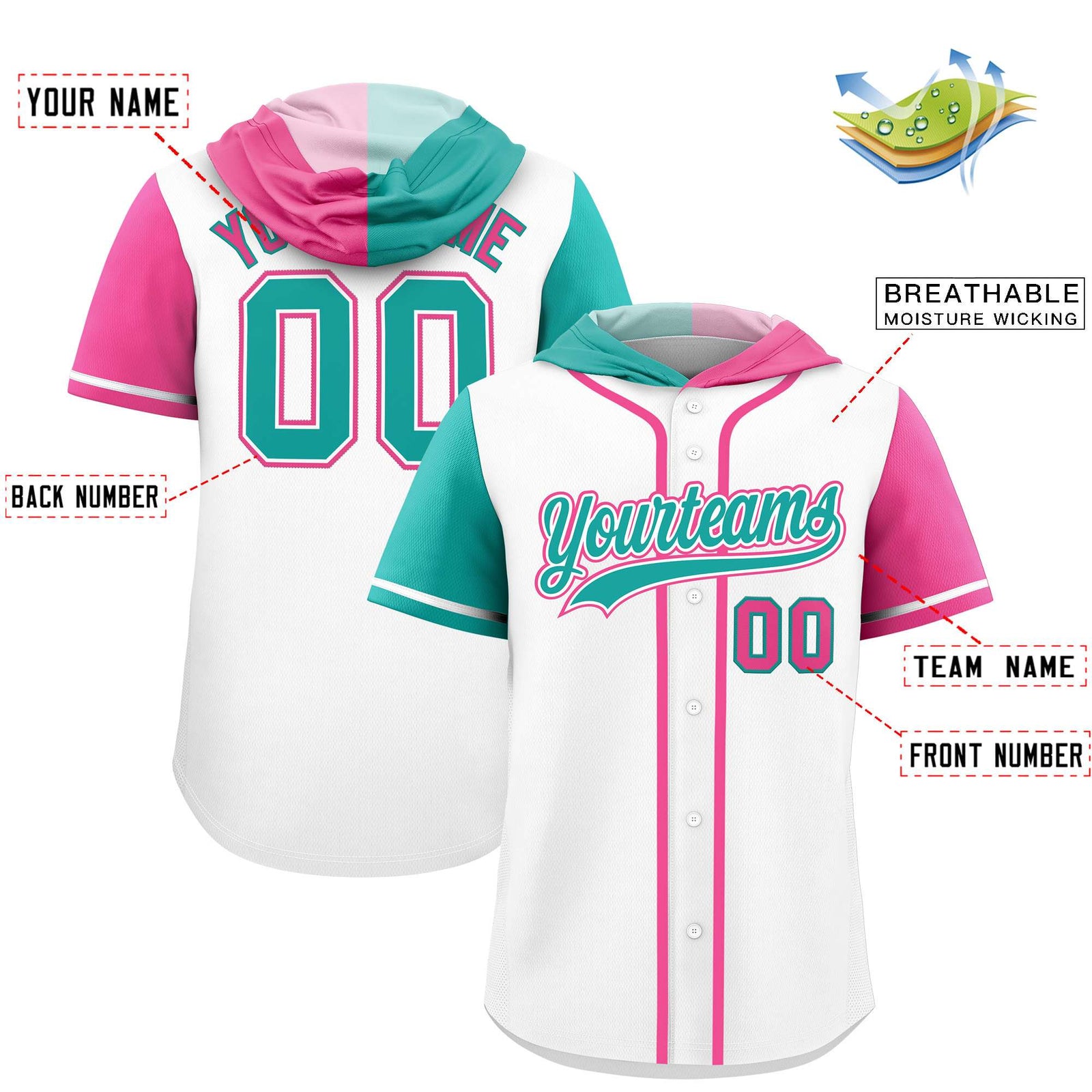 Custom White Aqua and Pink Split Fashion Raglan Sleeves Authentic Baseball Hoodie Jersey