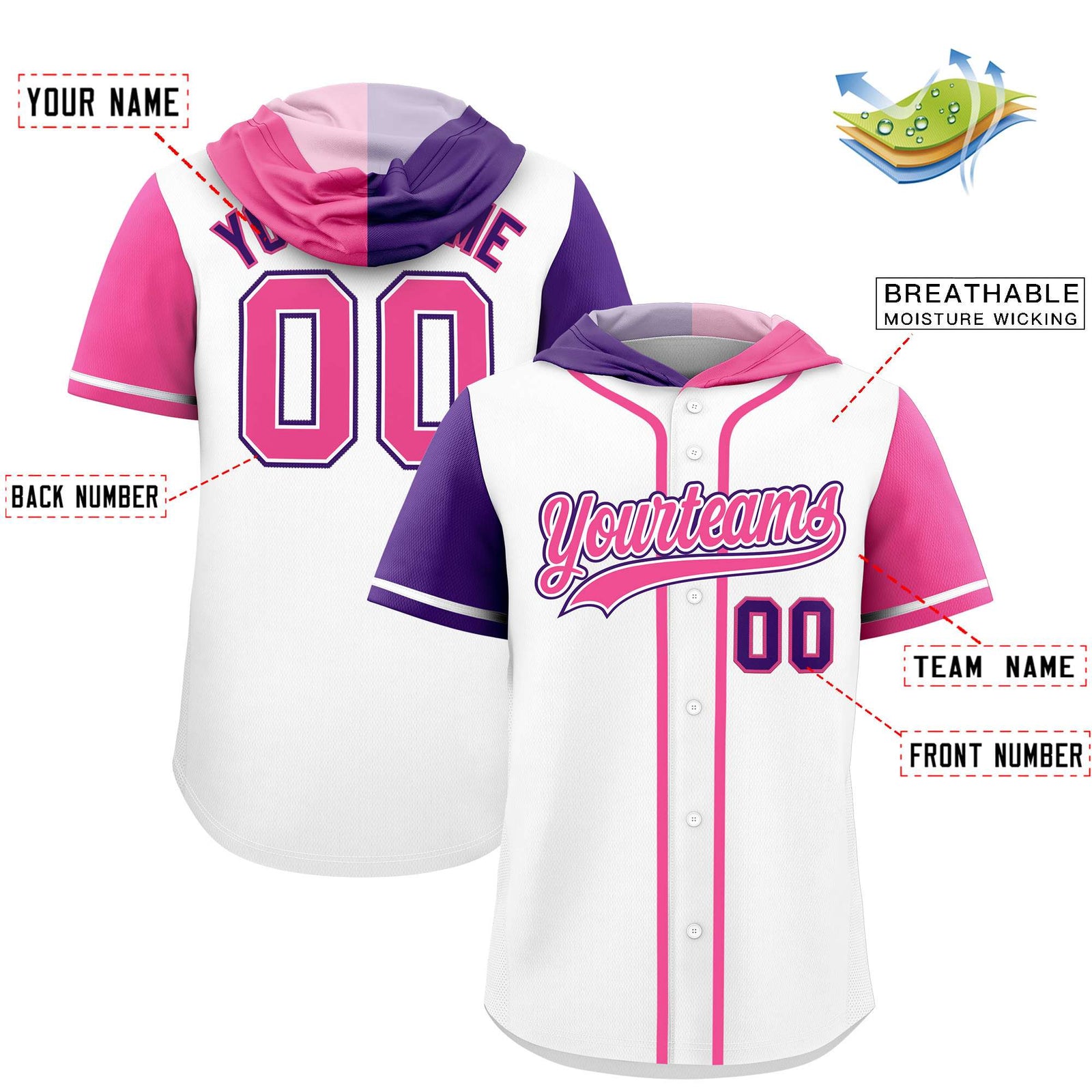 Custom White Purple and Pink Split Fashion Raglan Sleeves Authentic Baseball Hoodie Jersey