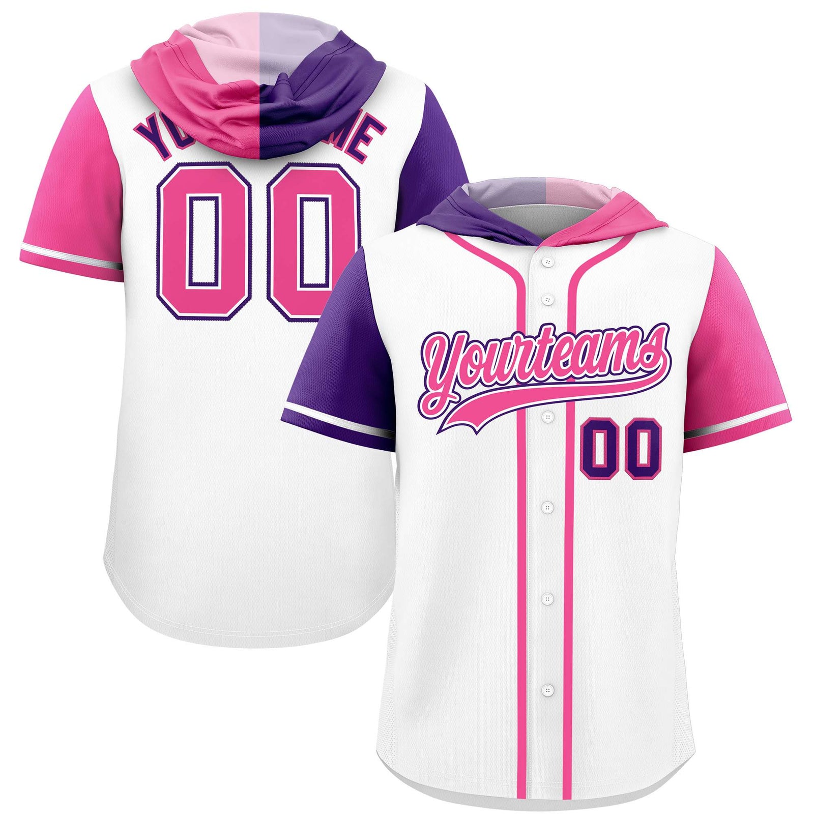 Custom White Purple and Pink Split Fashion Raglan Sleeves Authentic Baseball Hoodie Jersey