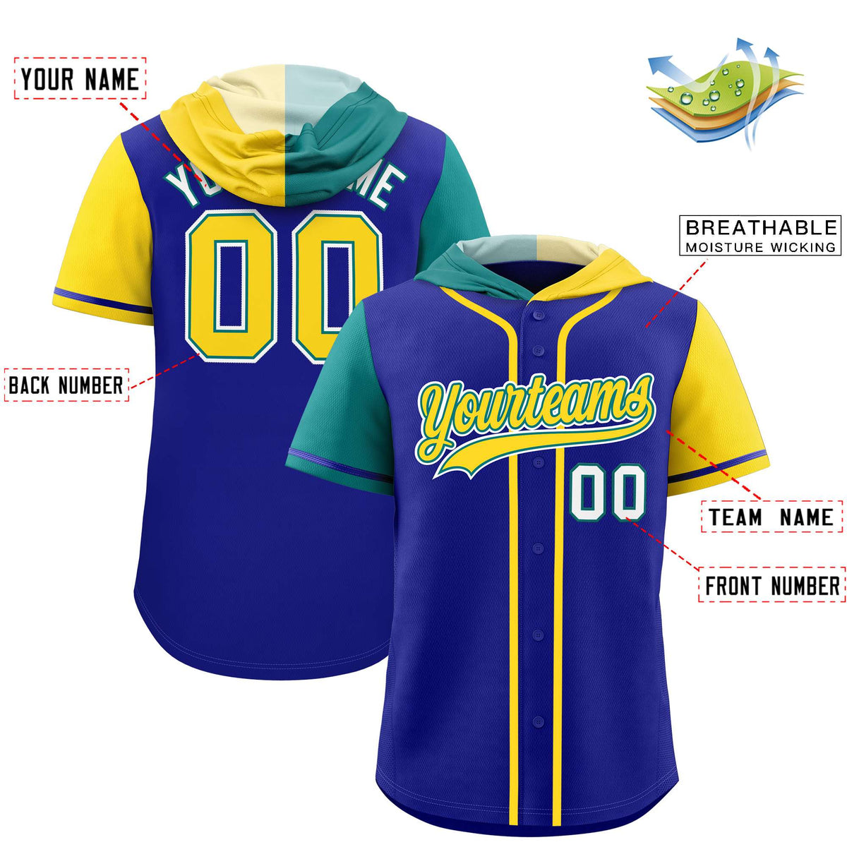 Custom Royal Aqua and Gold Split Fashion Raglan Sleeves Authentic Baseball Hoodie Jersey