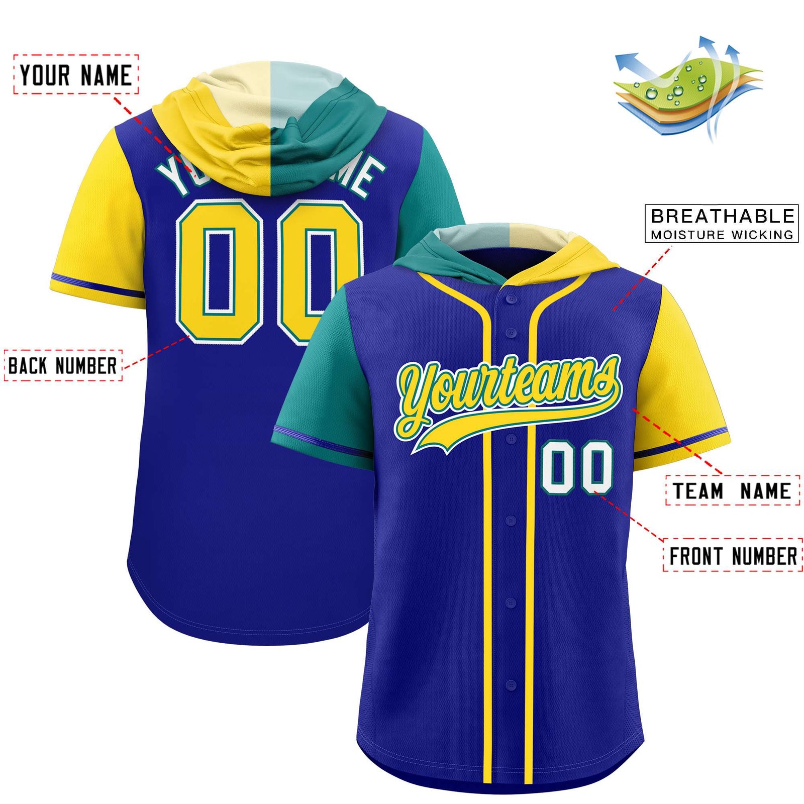 Custom Royal Aqua and Gold Split Fashion Raglan Sleeves Authentic Baseball Hoodie Jersey