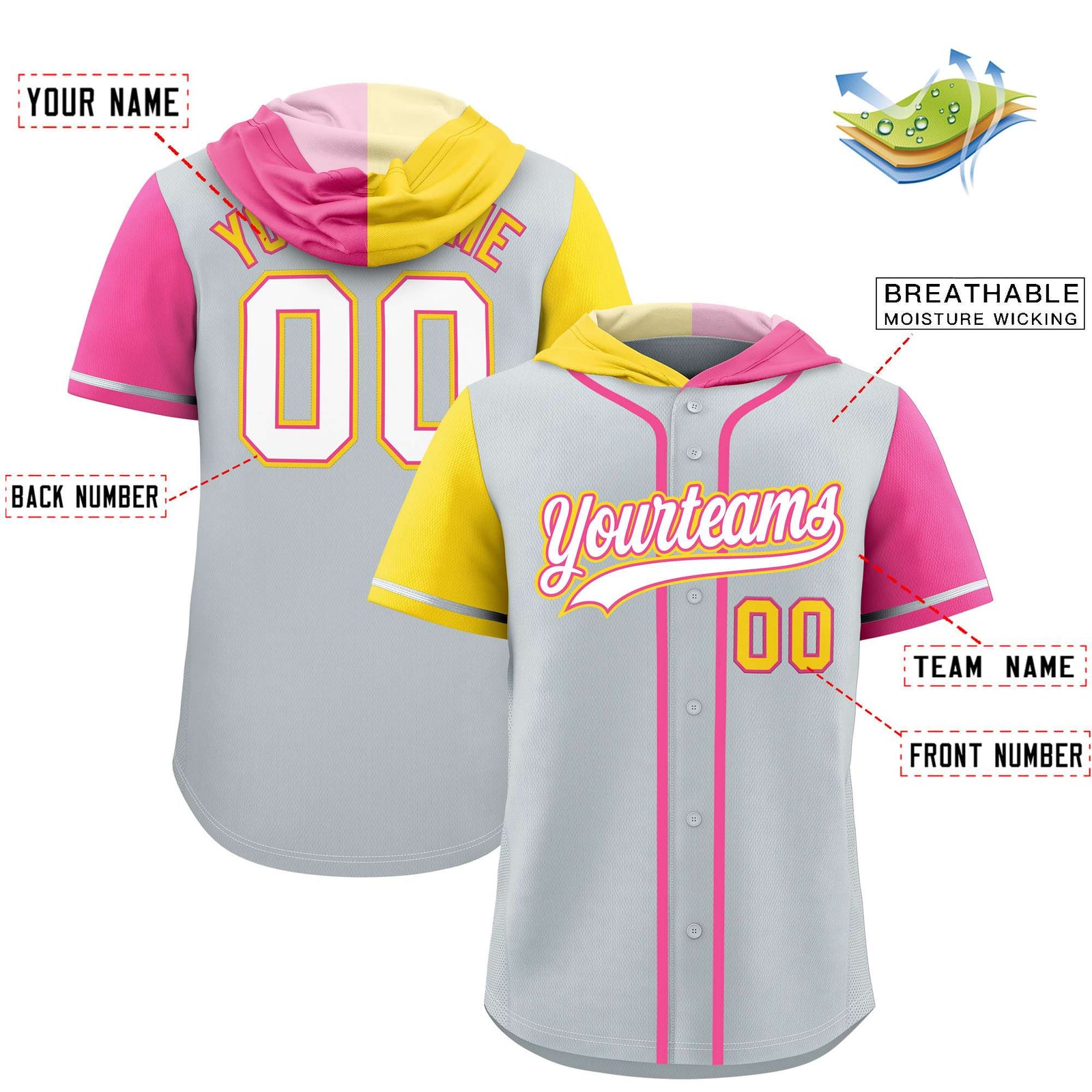 Custom Silver Gold and Pink Split Fashion Raglan Sleeves Authentic Baseball Hoodie Jersey