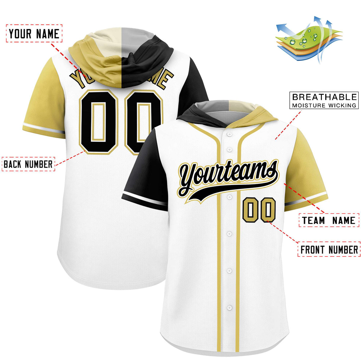 Custom White Black and Old Gold Split Fashion Raglan Sleeves Authentic Baseball Hoodie Jersey