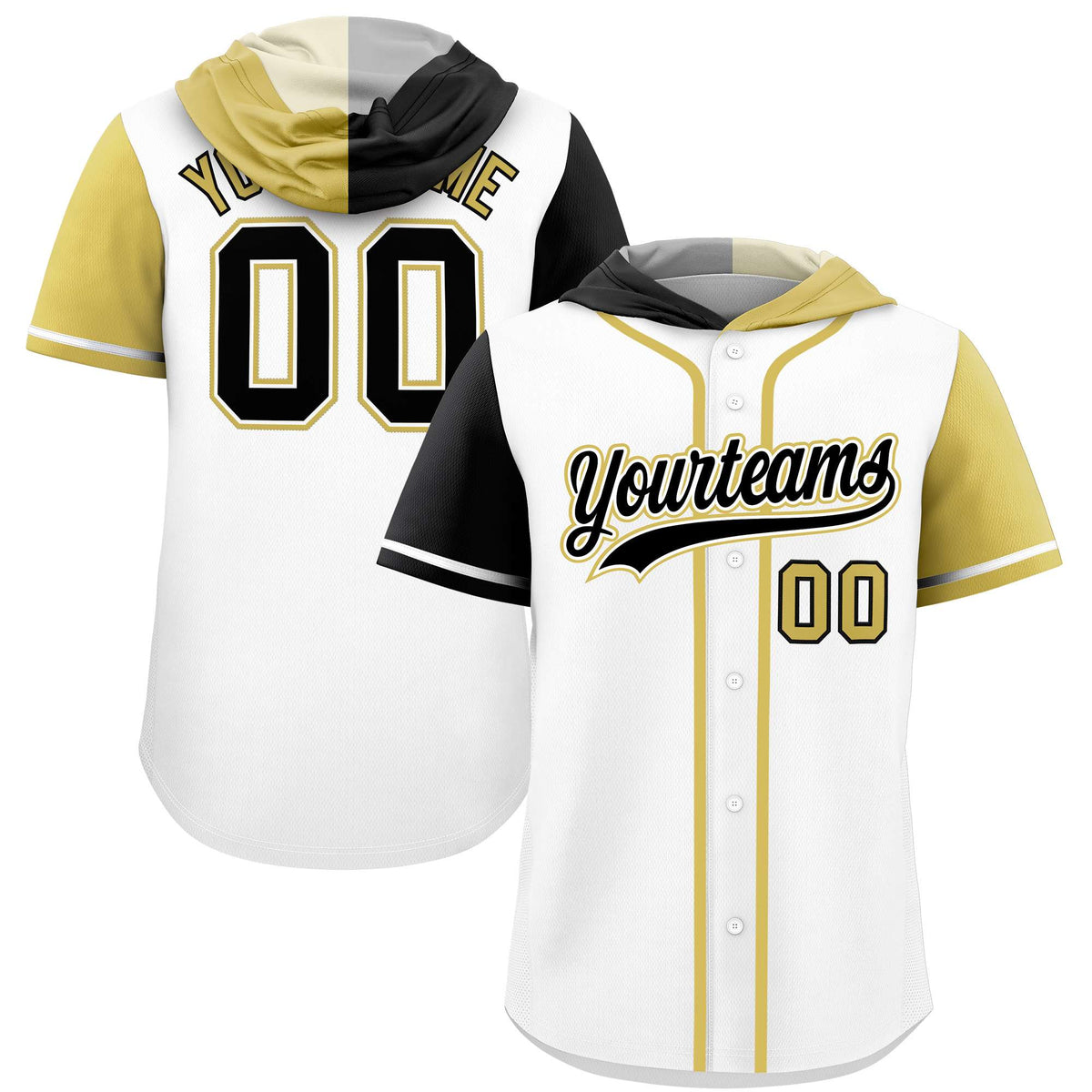 Custom White Black and Old Gold Split Fashion Raglan Sleeves Authentic Baseball Hoodie Jersey