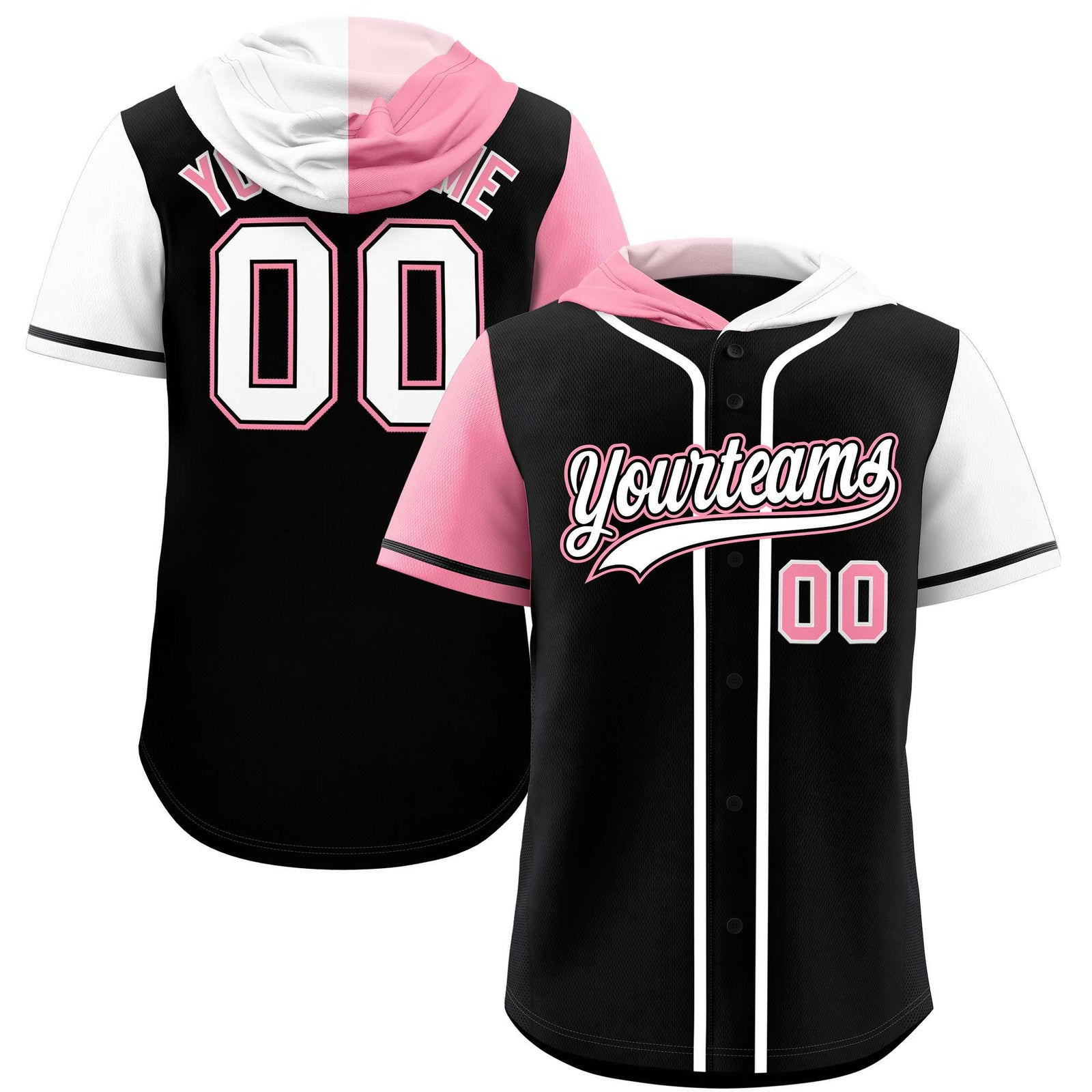 Custom Black Light Pink and White Split Fashion Raglan Sleeves Authentic Baseball Hoodie Jersey