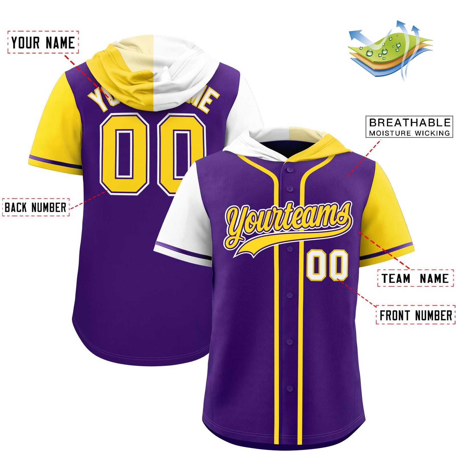Custom Purple White and Gold Split Fashion Raglan Sleeves Authentic Baseball Hoodie Jersey