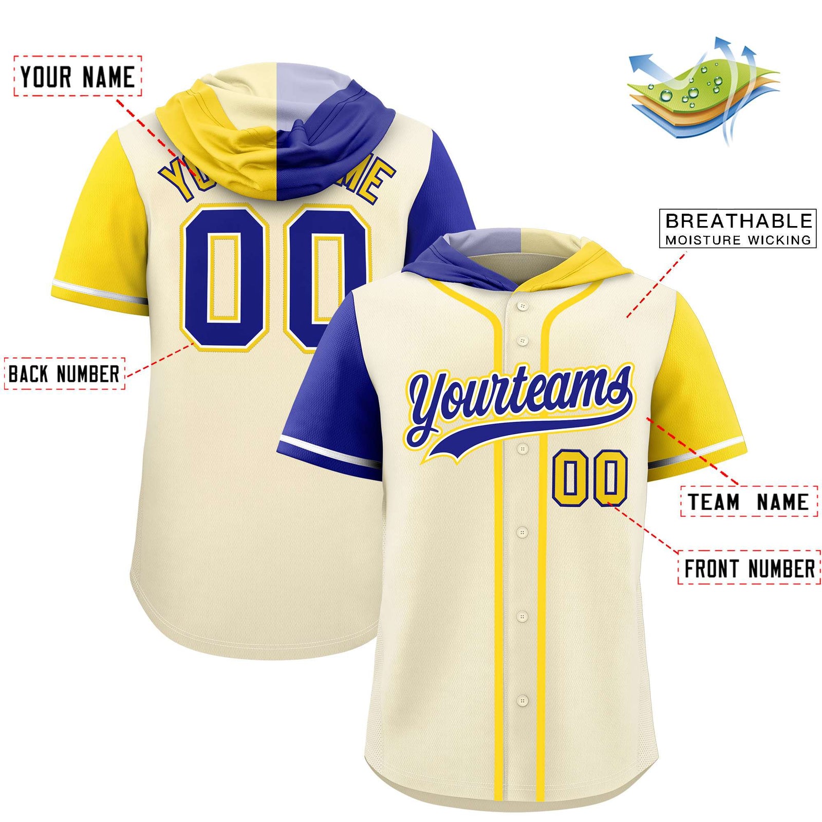 Custom Cream Royal and Gold Split Fashion Raglan Sleeves Authentic Baseball Hoodie Jersey