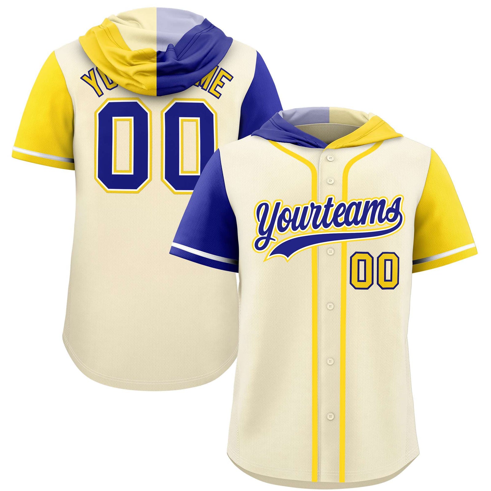 Custom Cream Royal and Gold Split Fashion Raglan Sleeves Authentic Baseball Hoodie Jersey