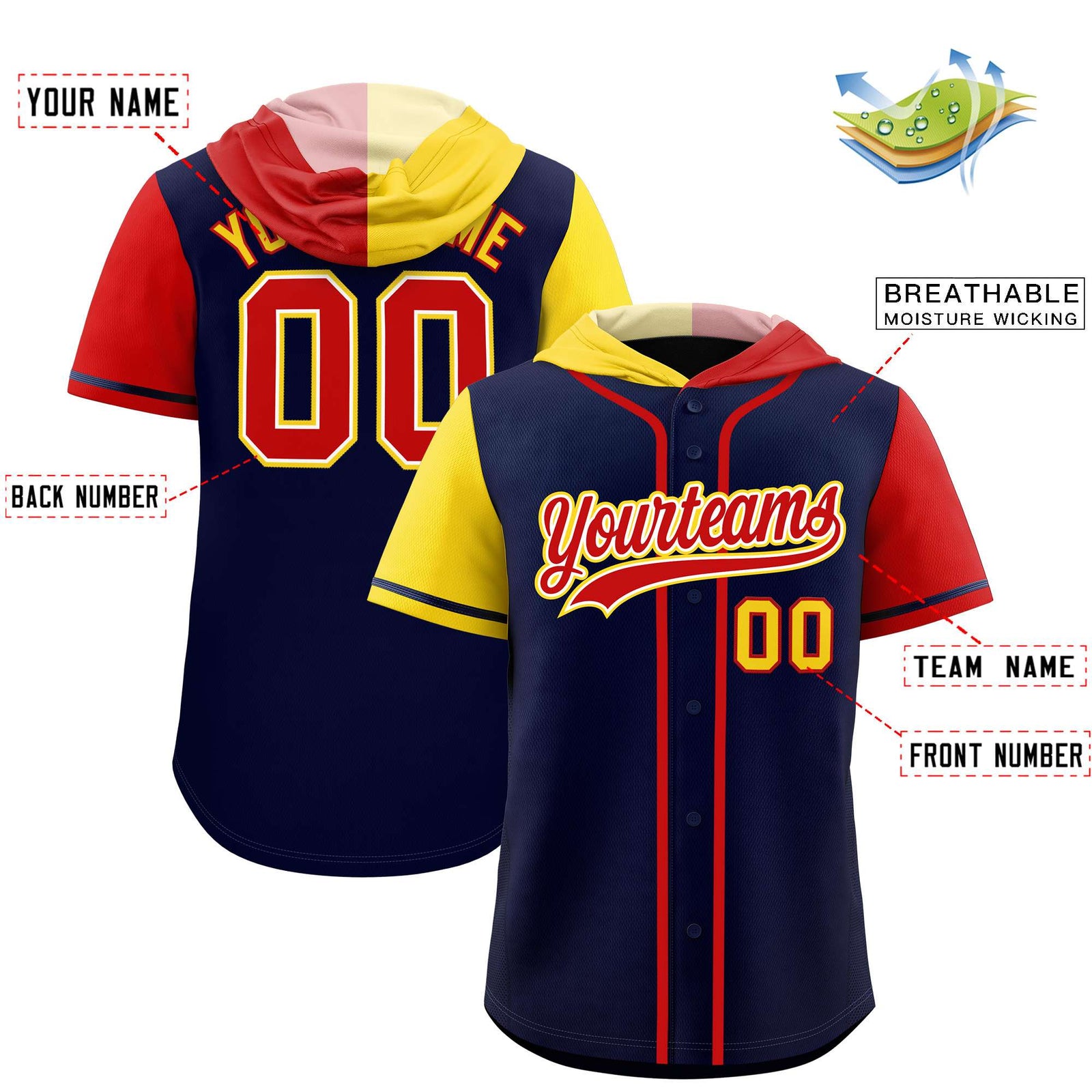Custom Navy Gold and Red Split Fashion Raglan Sleeves Authentic Baseball Hoodie Jersey
