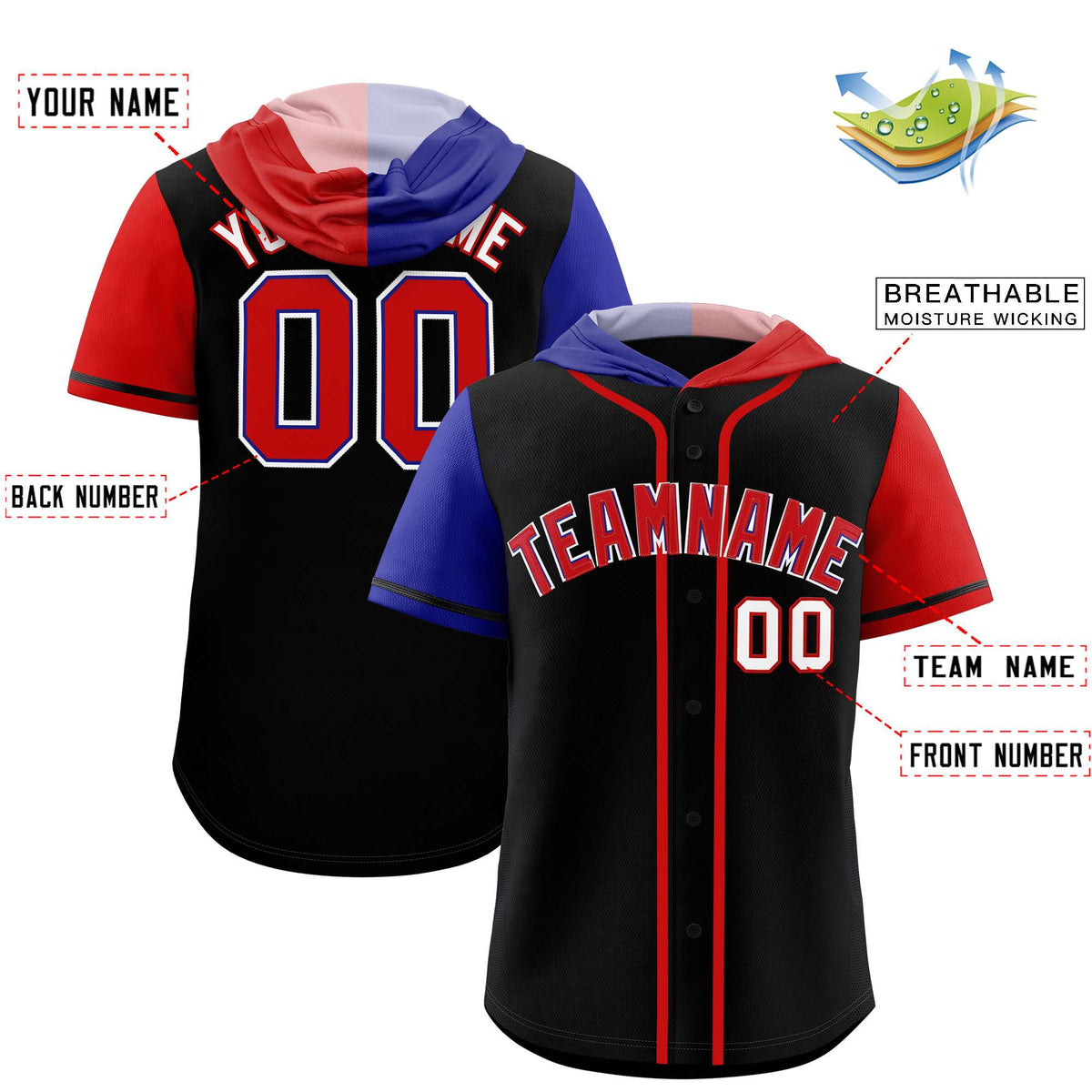 Custom Black Royal and Red Split Fashion Raglan Sleeves Authentic Baseball Hoodie Jersey