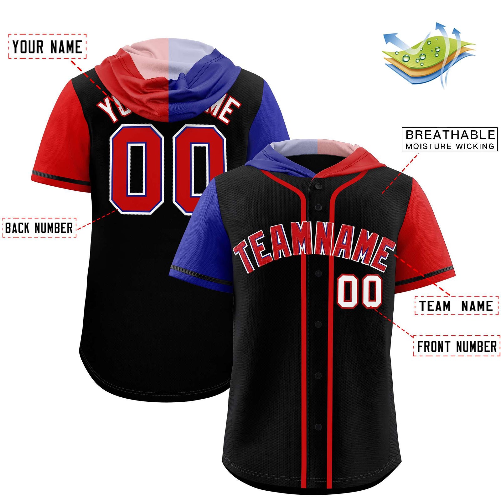 Custom Black Royal and Red Split Fashion Raglan Sleeves Authentic Baseball Hoodie Jersey