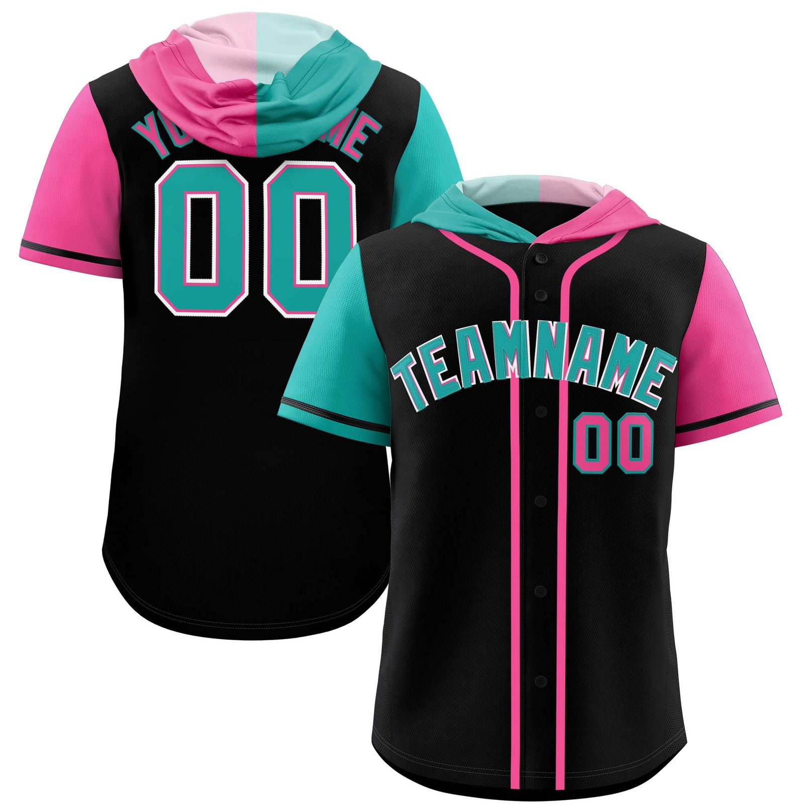 Custom Black Aqua and Pink Split Fashion Raglan Sleeves Authentic Baseball Hoodie Jersey