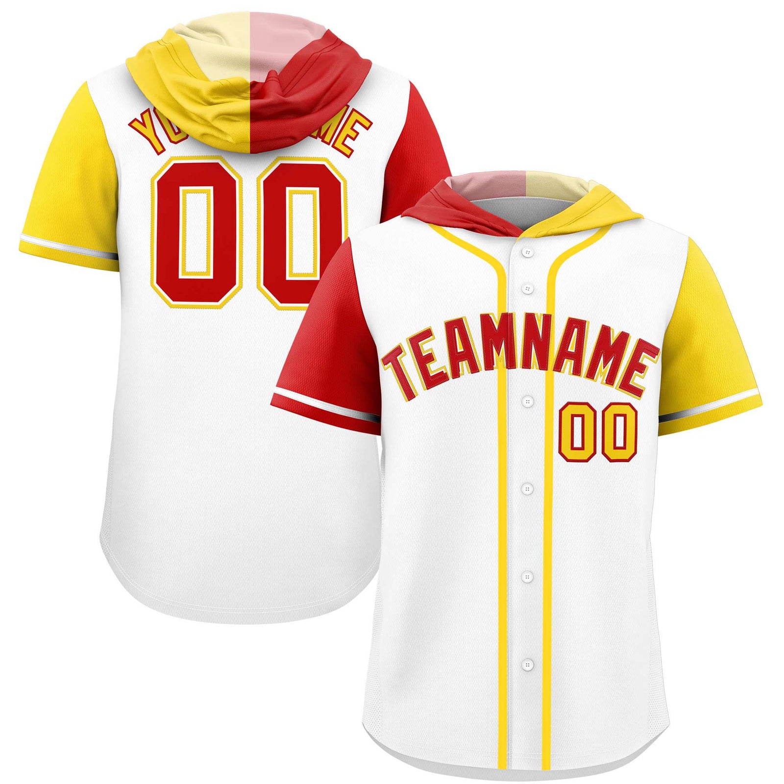 Custom White Red and Gold Split Fashion Raglan Sleeves Authentic Baseball Hoodie Jersey