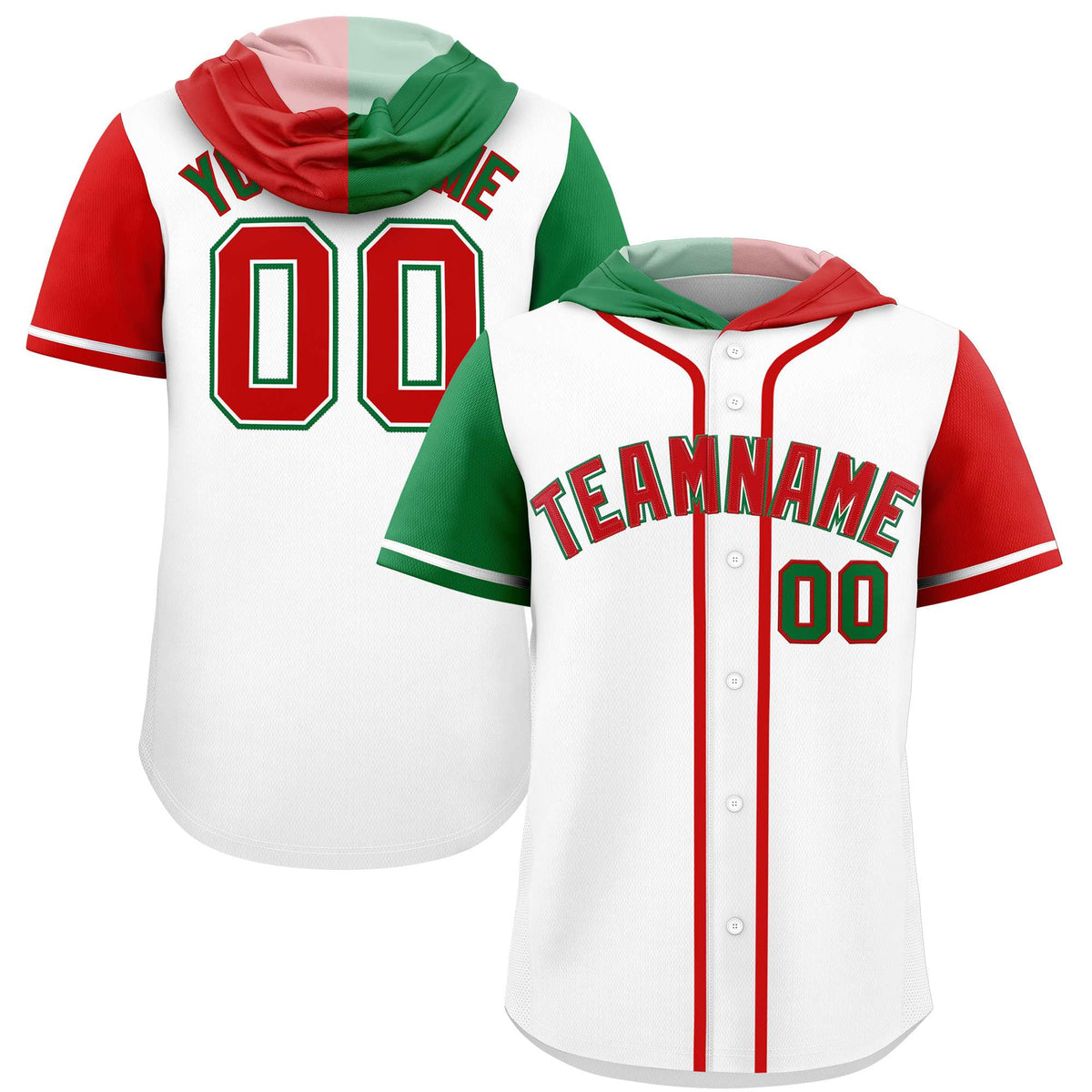 Custom White Kelly Green and Red Split Fashion Raglan Sleeves Authentic Baseball Hoodie Jersey