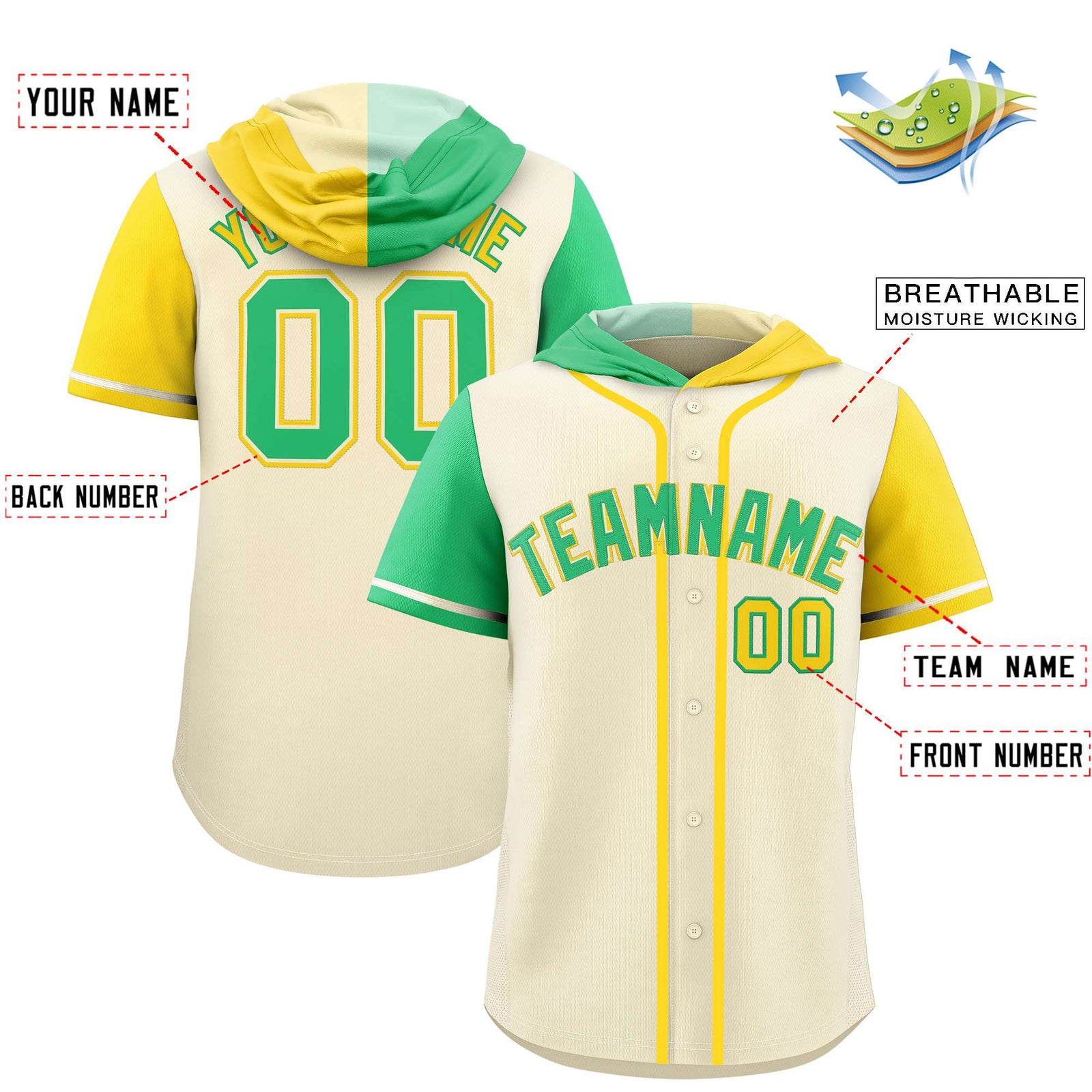 Custom Cream Bright Green and Gold Split Fashion Raglan Sleeves Authentic Baseball Hoodie Jersey