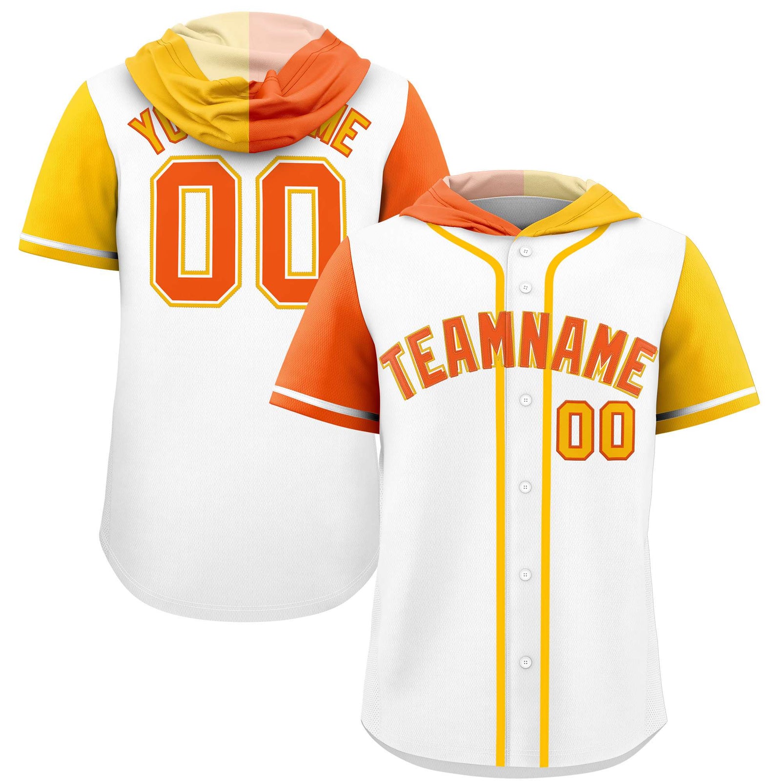 Custom White Orange and Gold Split Fashion Raglan Sleeves Authentic Baseball Hoodie Jersey