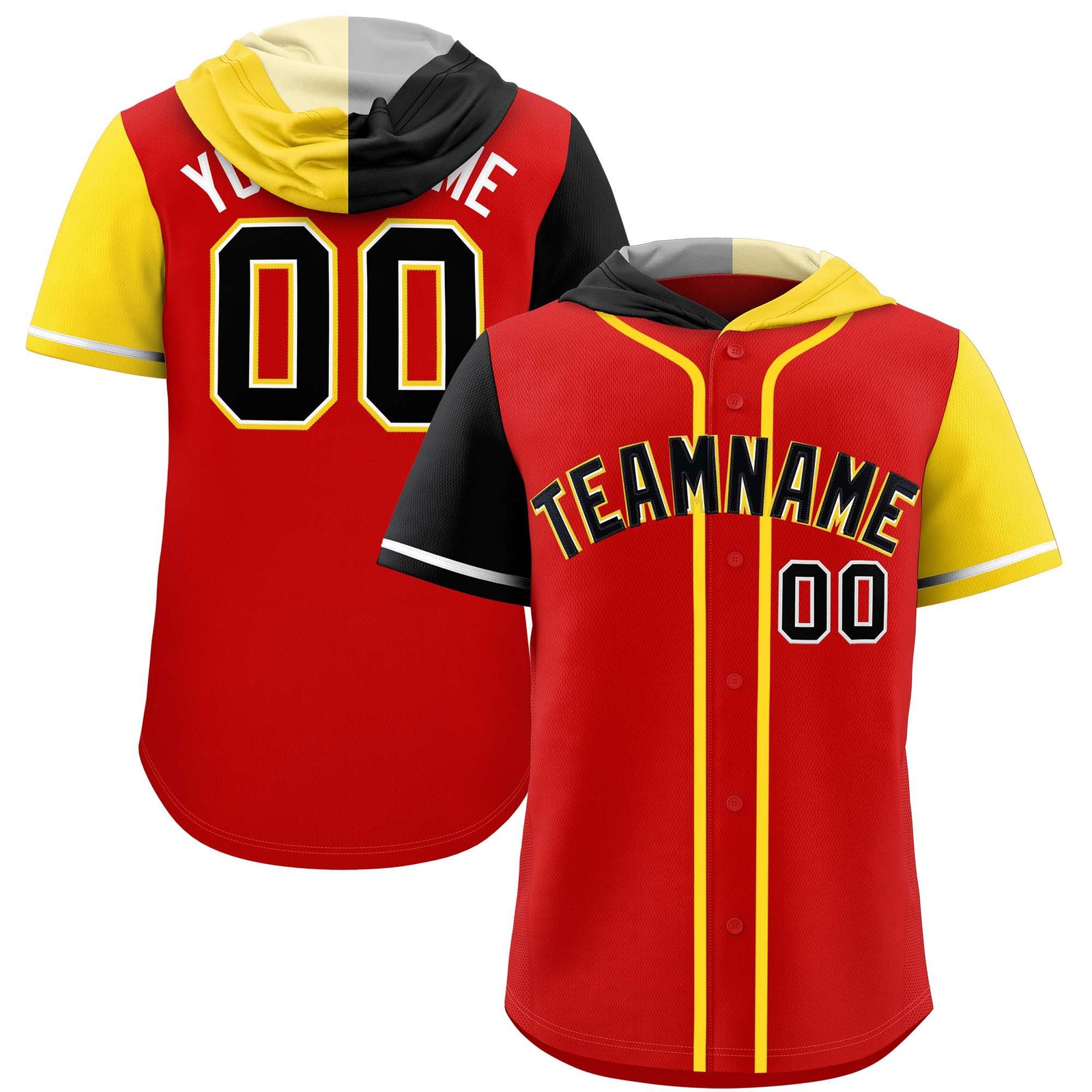 Custom Red Black and Gold Split Fashion Raglan Sleeves Authentic Baseball Hoodie Jersey