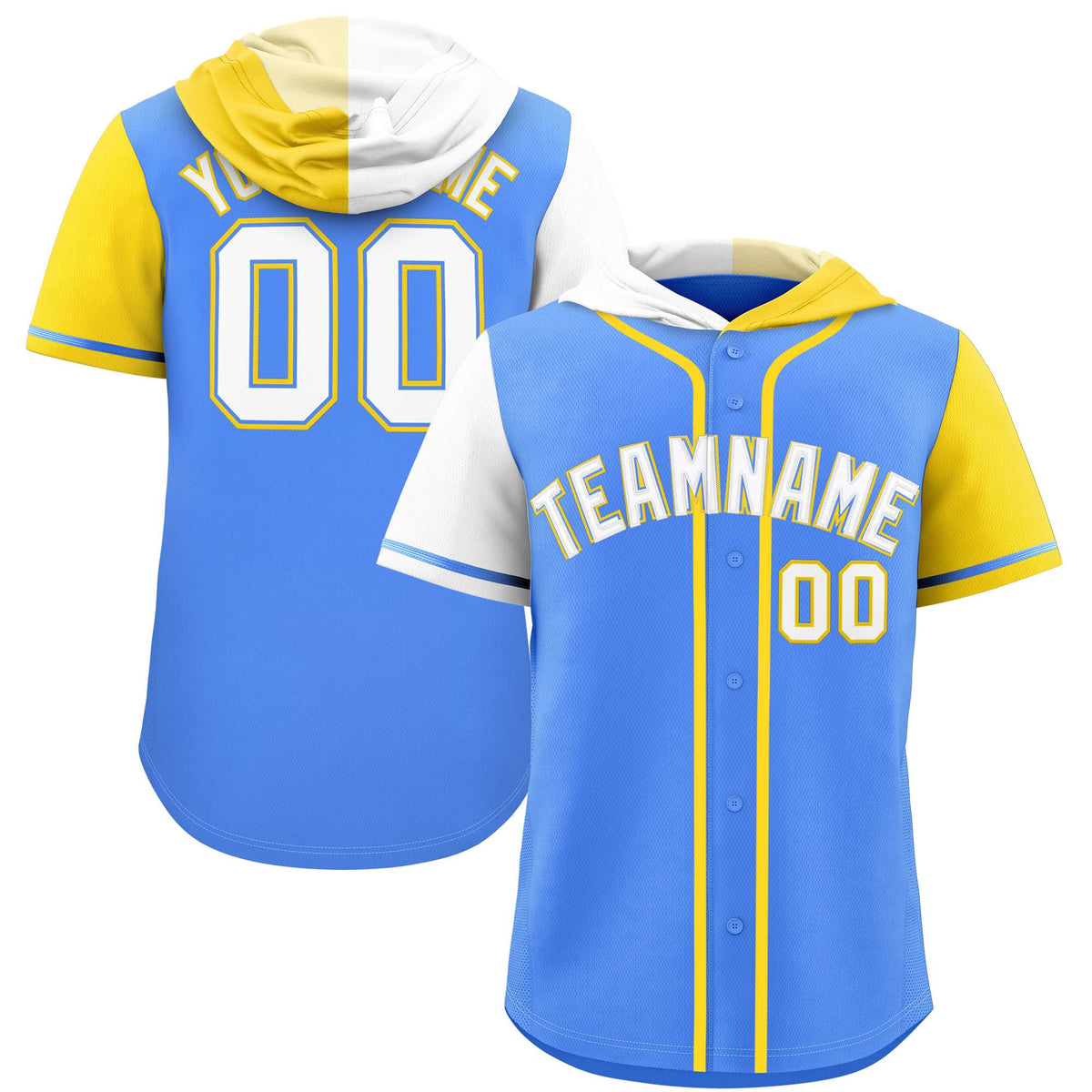 Custom Powder Blue White and Gold Split Fashion Raglan Sleeves Authentic Baseball Hoodie Jersey
