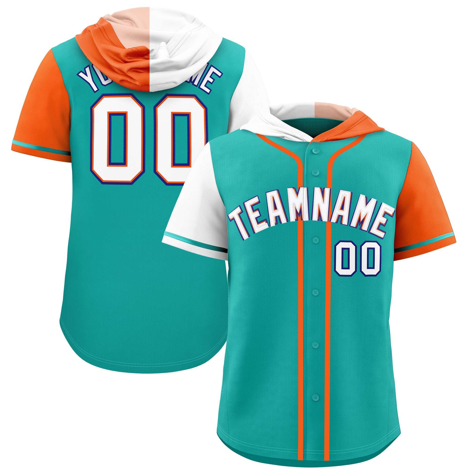 Custom Aqua White and Orange Split Fashion Raglan Sleeves Authentic Baseball Hoodie Jersey