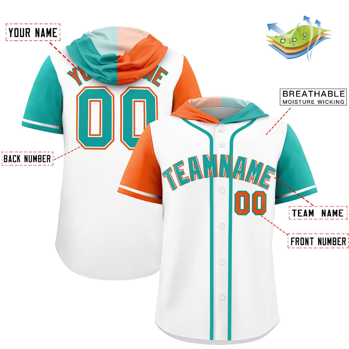 Custom White Orange and Aqua Split Fashion Raglan Sleeves Authentic Baseball Hoodie Jersey