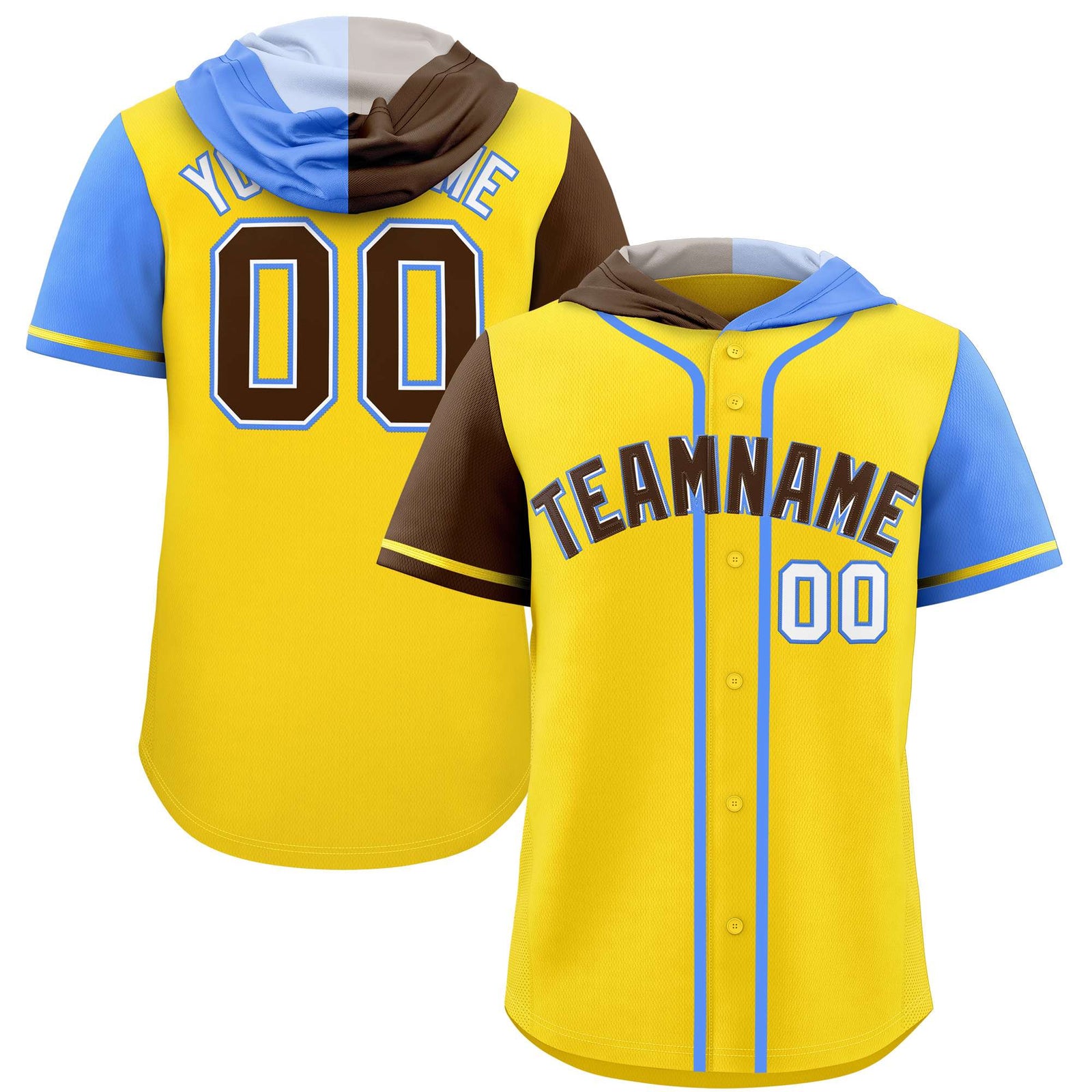 Custom Gold Brown and Powder Blue Split Fashion Raglan Sleeves Authentic Baseball Hoodie Jersey