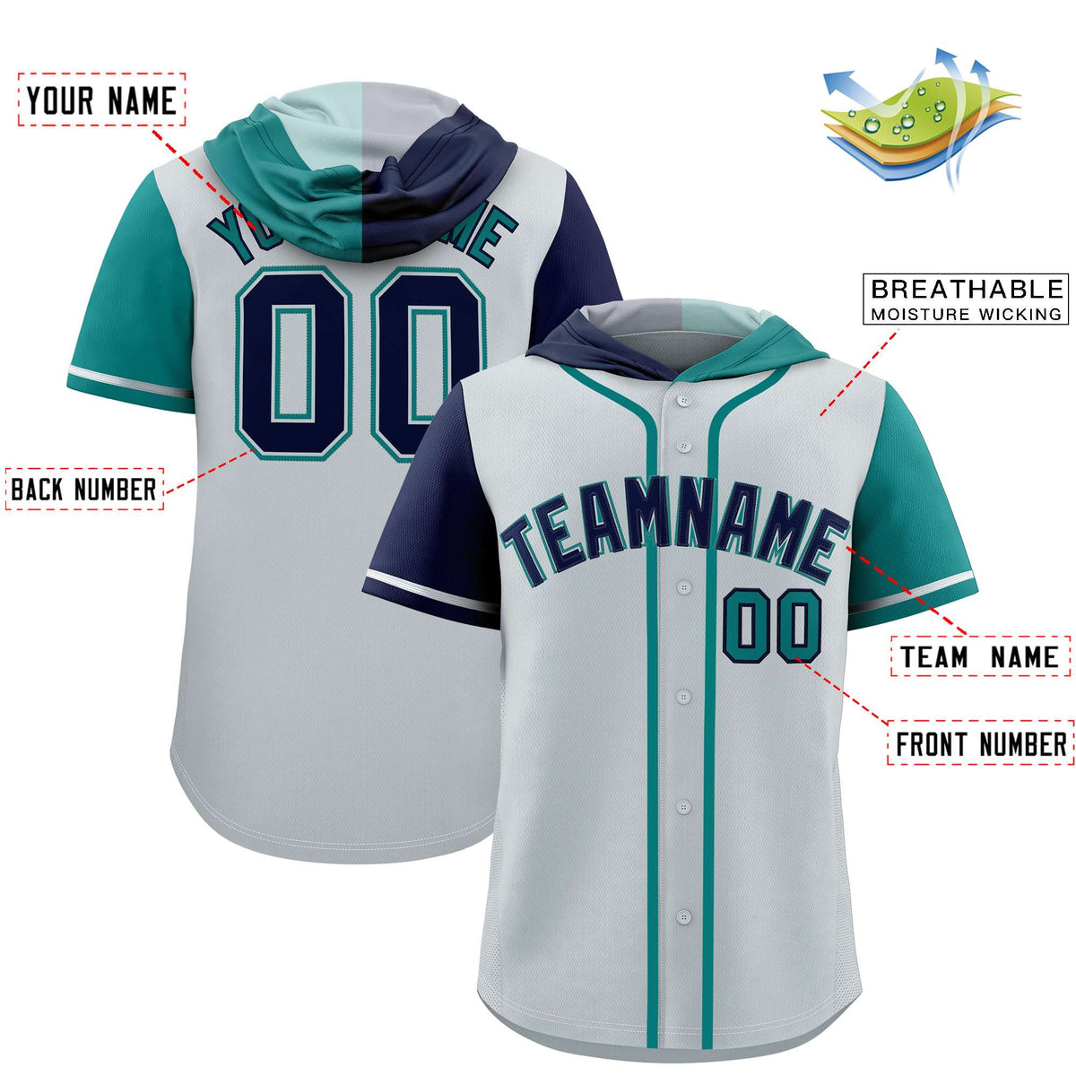Custom Silver Navy and Aqua Split Fashion Raglan Sleeves Authentic Baseball Hoodie Jersey