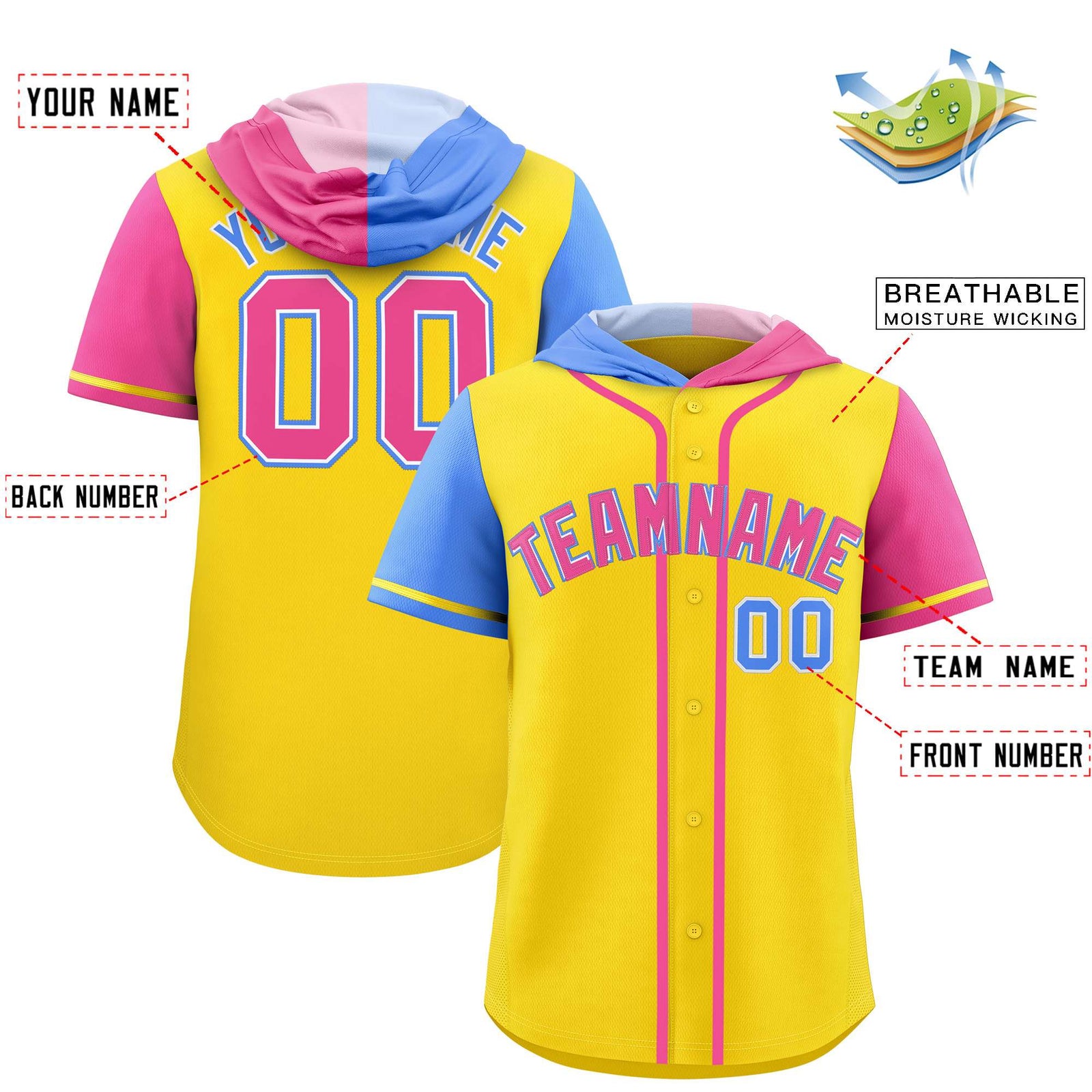 Custom Gold Powder Blue and Pink Split Fashion Raglan Sleeves Authentic Baseball Hoodie Jersey