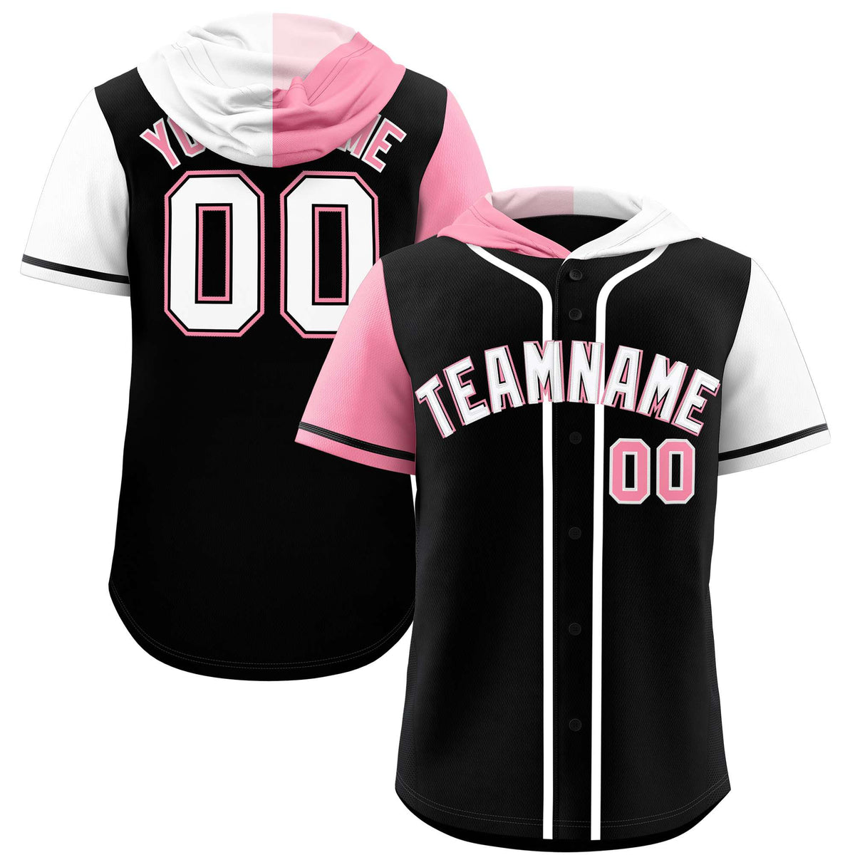 Custom Black Light Pink and White Split Fashion Raglan Sleeves Authentic Baseball Hoodie Jersey