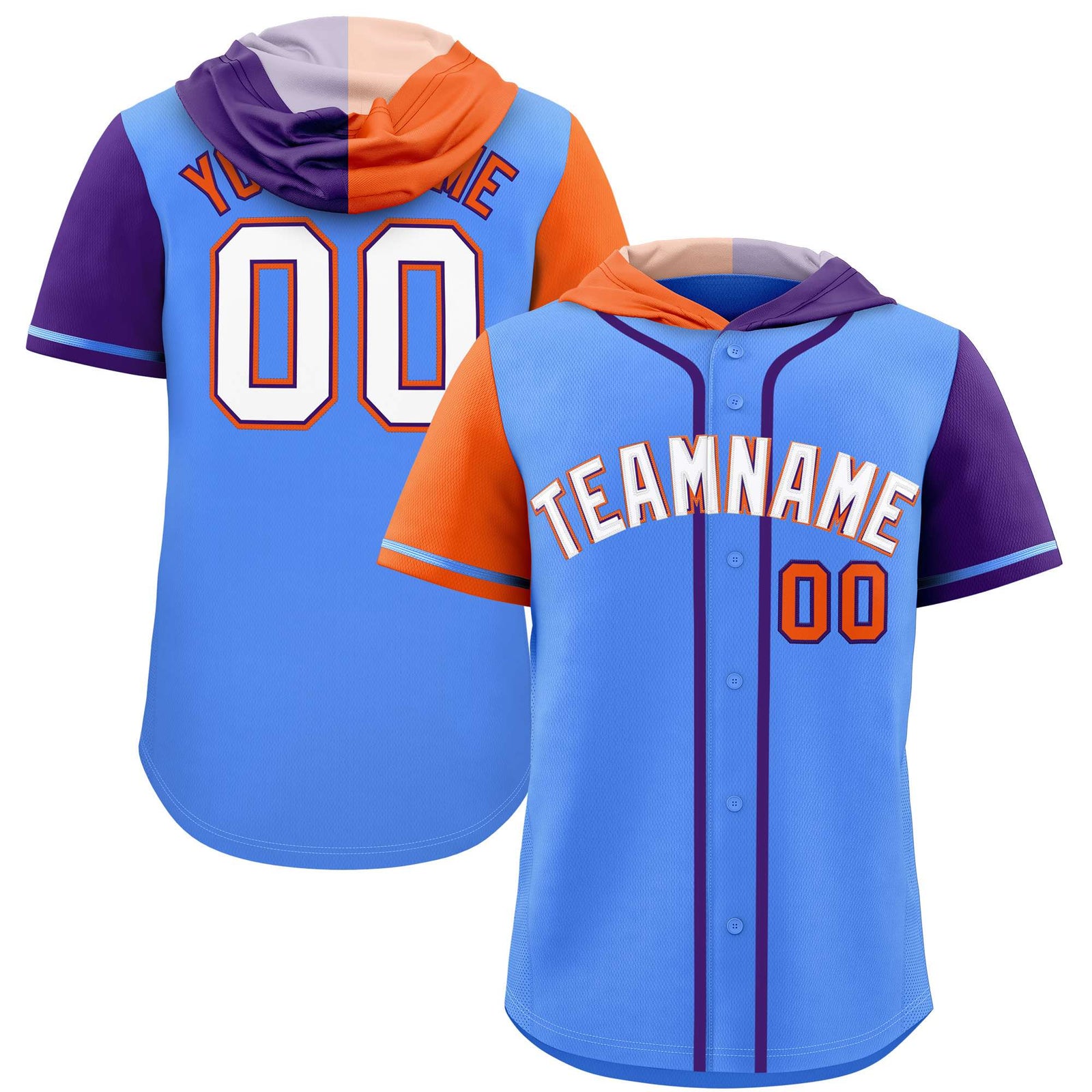 Custom Powder Blue Orange and Purple Split Fashion Raglan Sleeves Authentic Baseball Hoodie Jersey