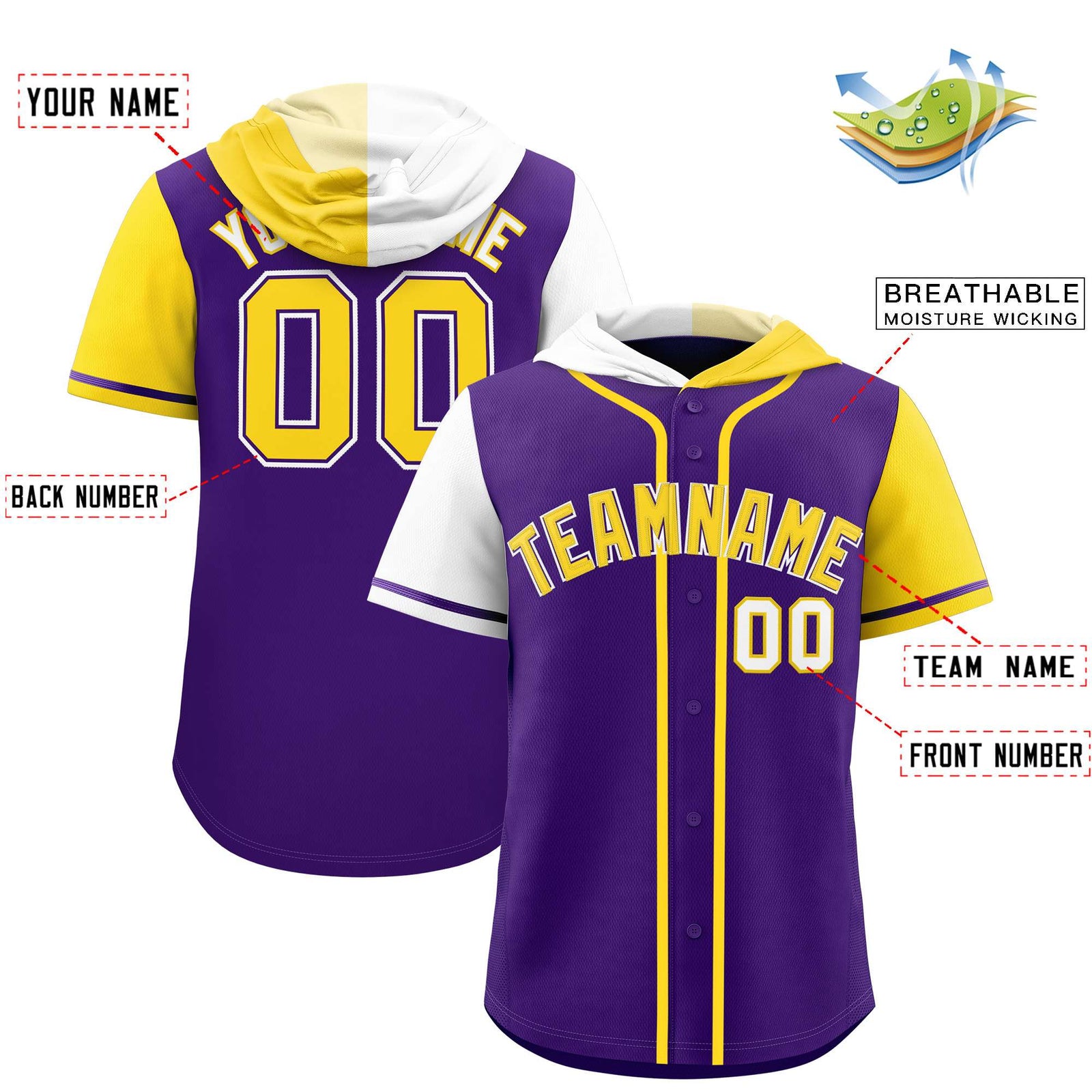 Custom Purple White and Gold Split Fashion Raglan Sleeves Authentic Baseball Hoodie Jersey