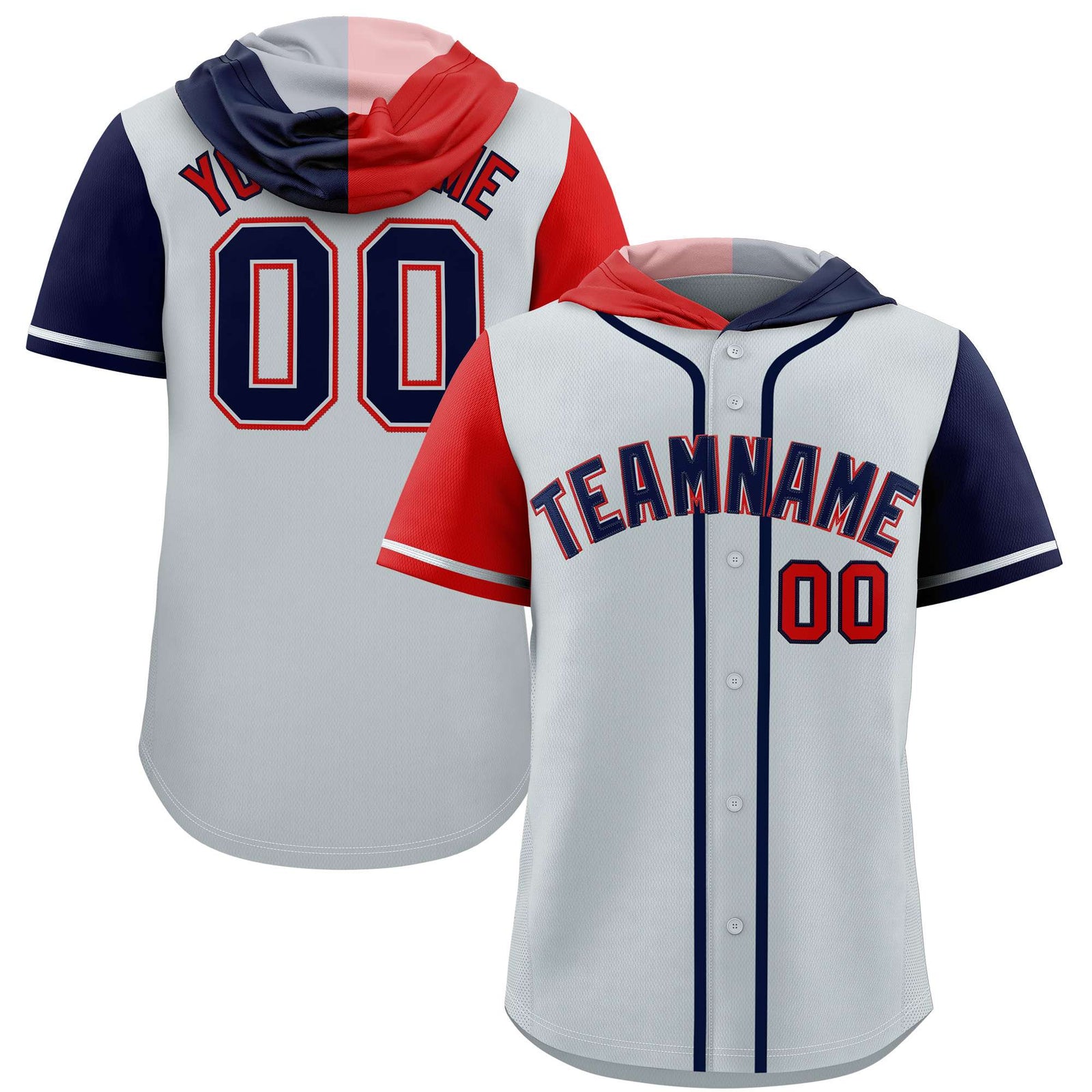 Custom Silver Red and Navy Split Fashion Raglan Sleeves Authentic Baseball Hoodie Jersey
