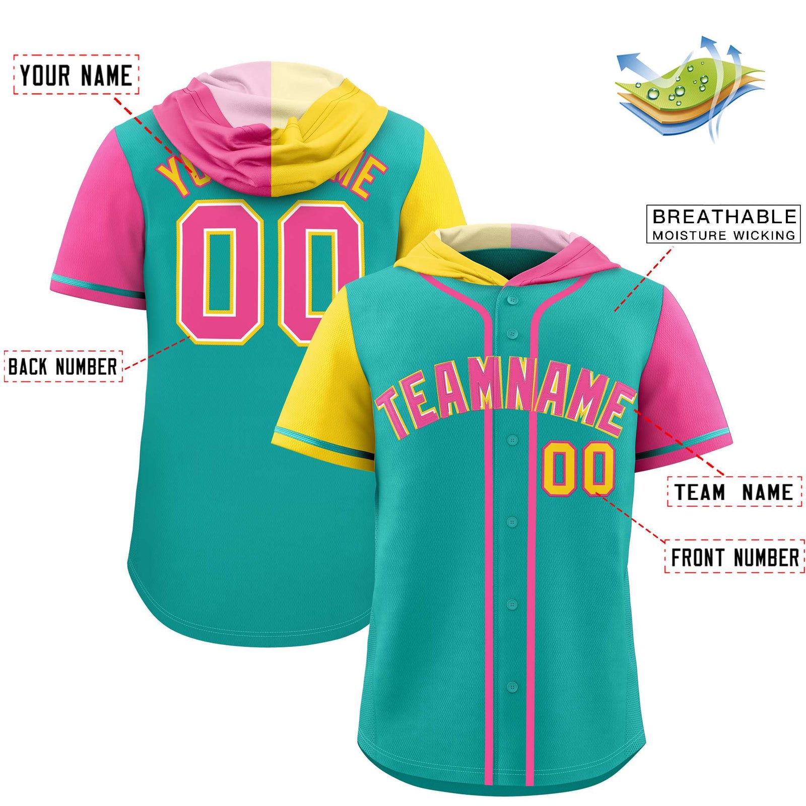 Custom Aqua Gold and Pink Split Fashion Raglan Sleeves Authentic Baseball Hoodie Jersey