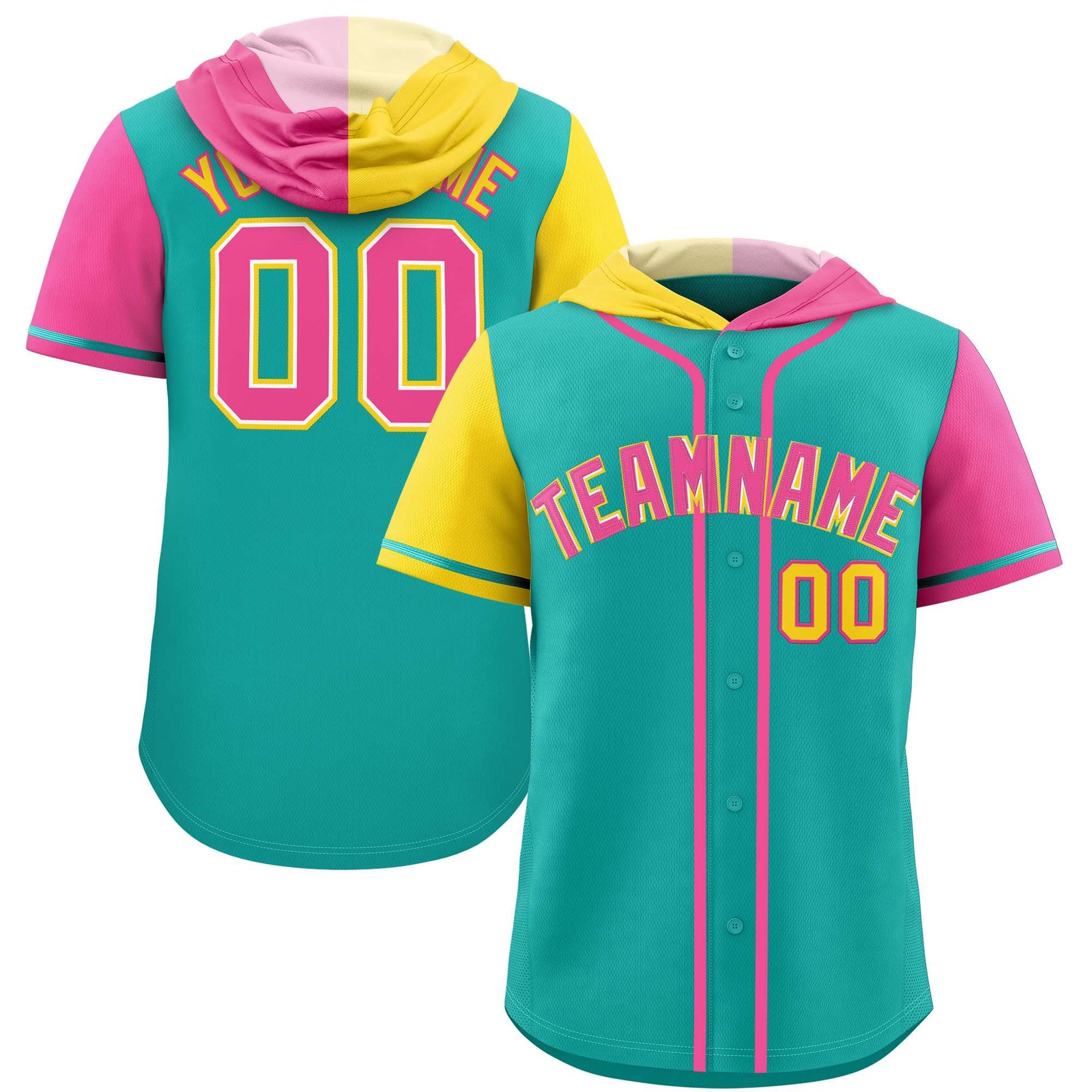 Custom Aqua Gold and Pink Split Fashion Raglan Sleeves Authentic Baseball Hoodie Jersey
