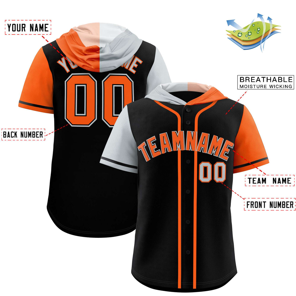 Custom Black Silver and Orange Split Fashion Raglan Sleeves Authentic Baseball Hoodie Jersey