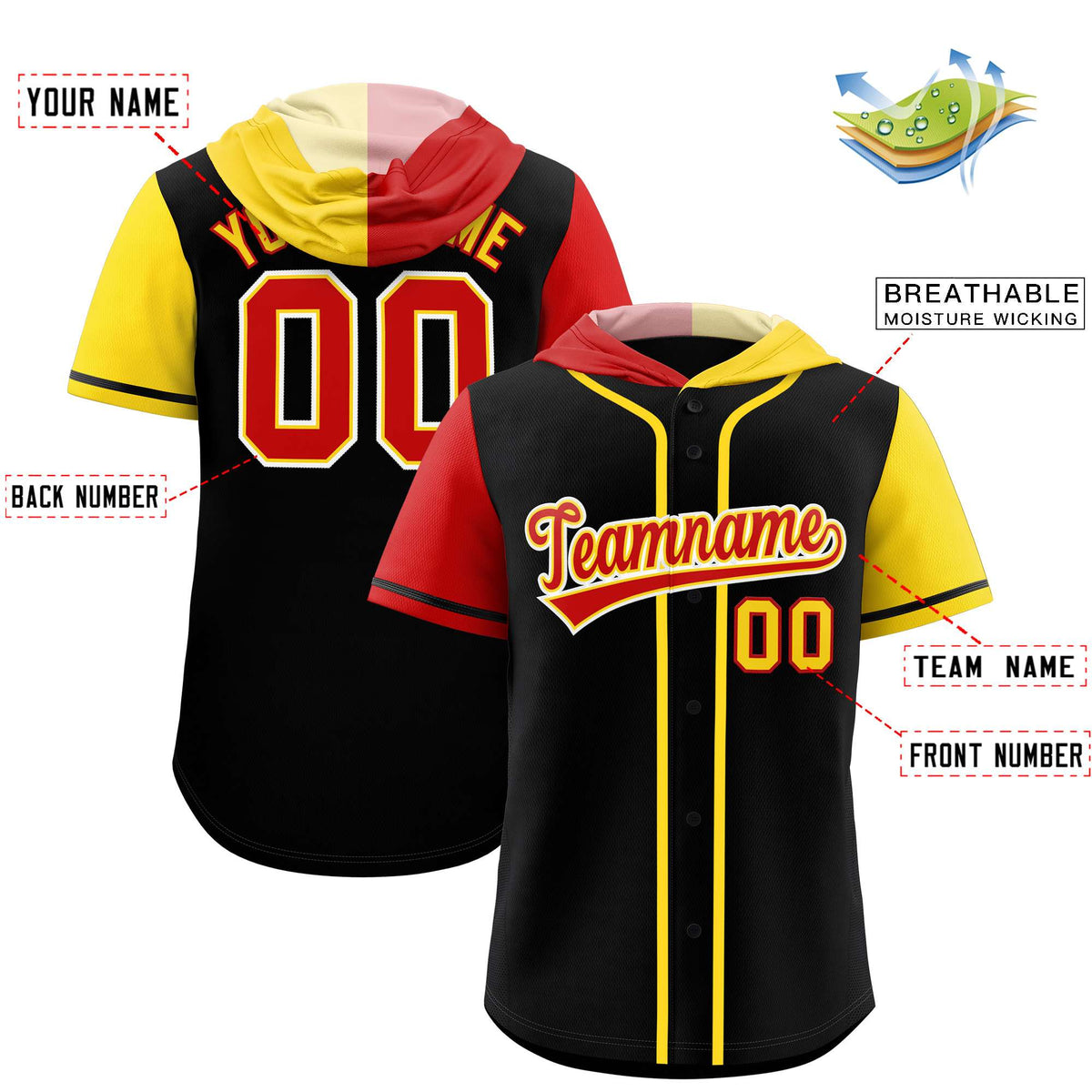 Custom Black Red and Gold Split Fashion Raglan Sleeves Authentic Baseball Hoodie Jersey
